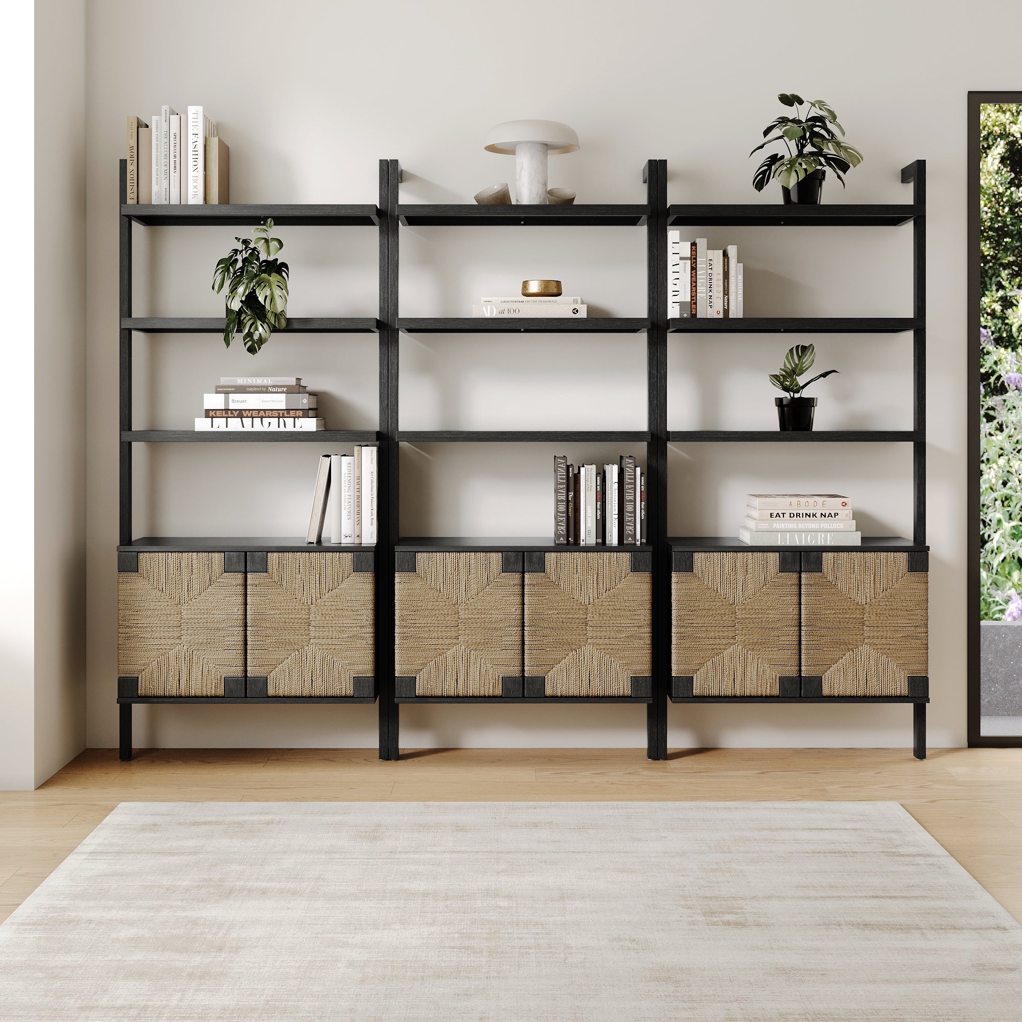 Seagrass Wall Bookshelves with Doors Black (Set of 3) - Nathan James