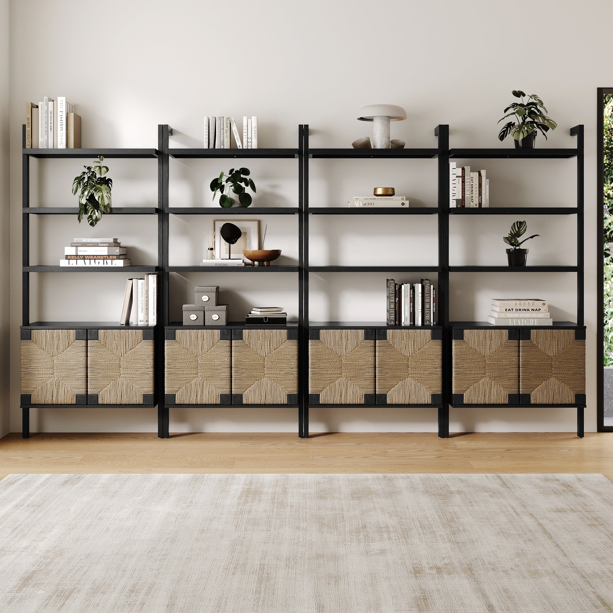 Seagrass Wall Bookshelves with Doors Black (Set of 4) - Nathan James