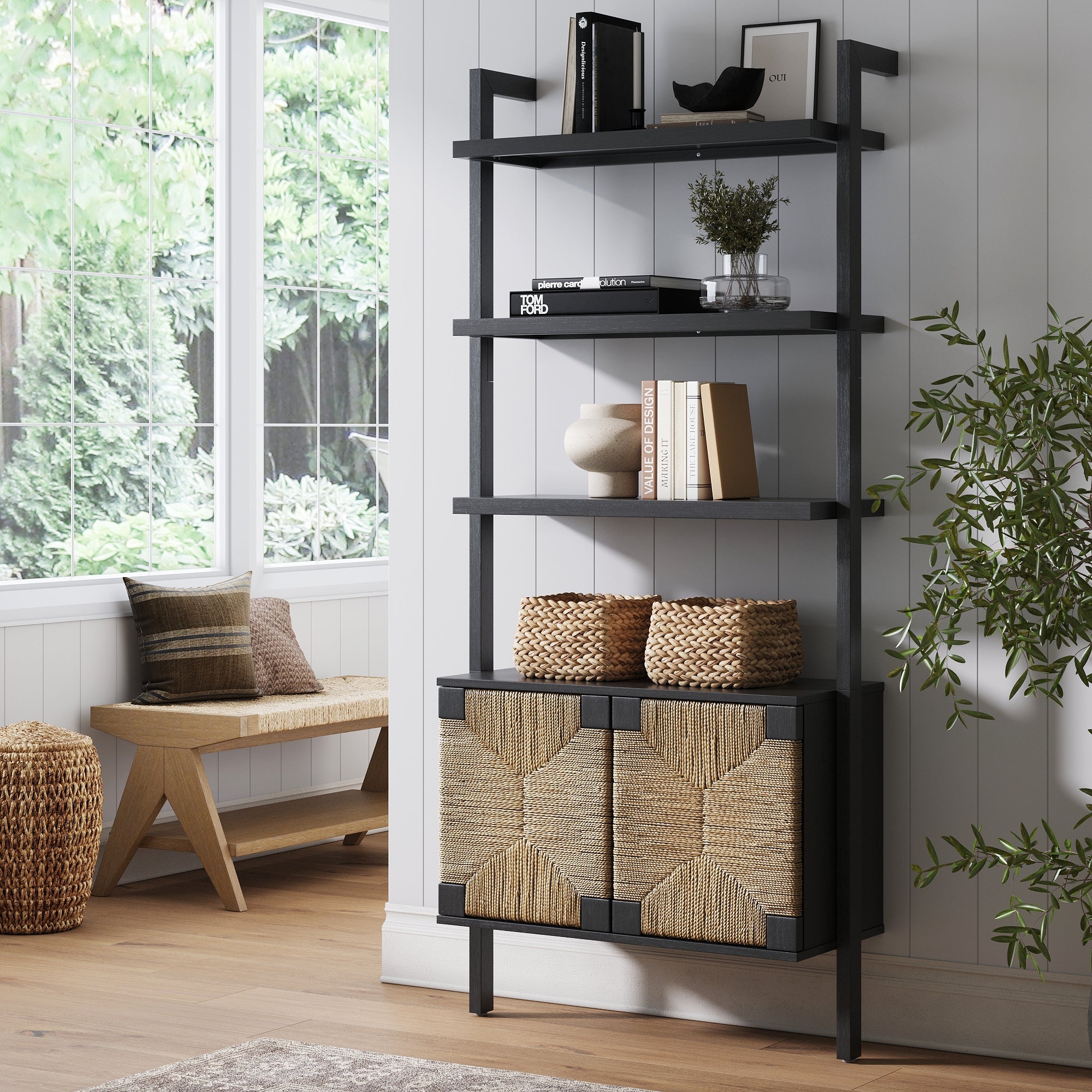 Seagrass Wall Bookshelf with Doors Black - Nathan James