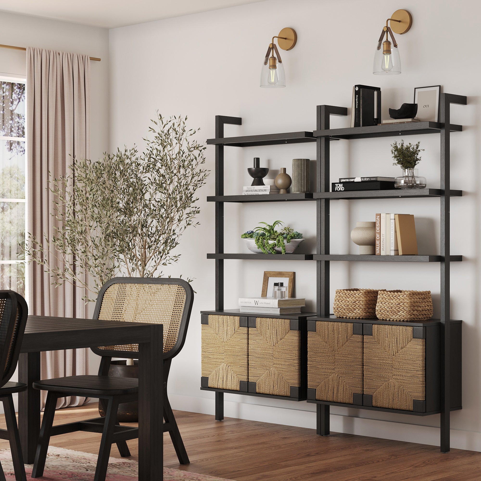Seagrass Wall Bookshelf with Doors Black - Nathan James
