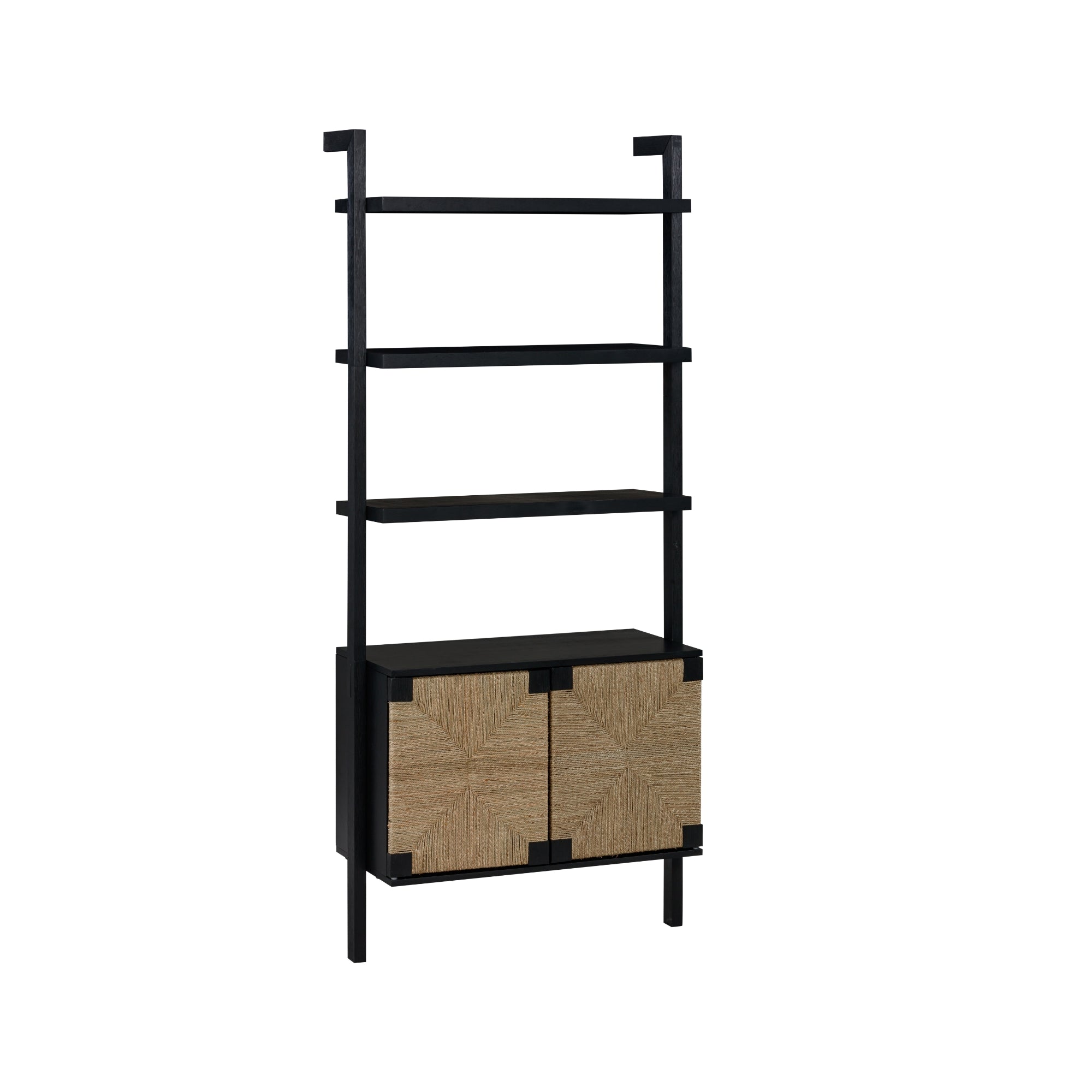 A modern black ladder-style shelving unit with three open shelves and a lower cabinet featuring two woven rattan doors with a geometric pattern.
