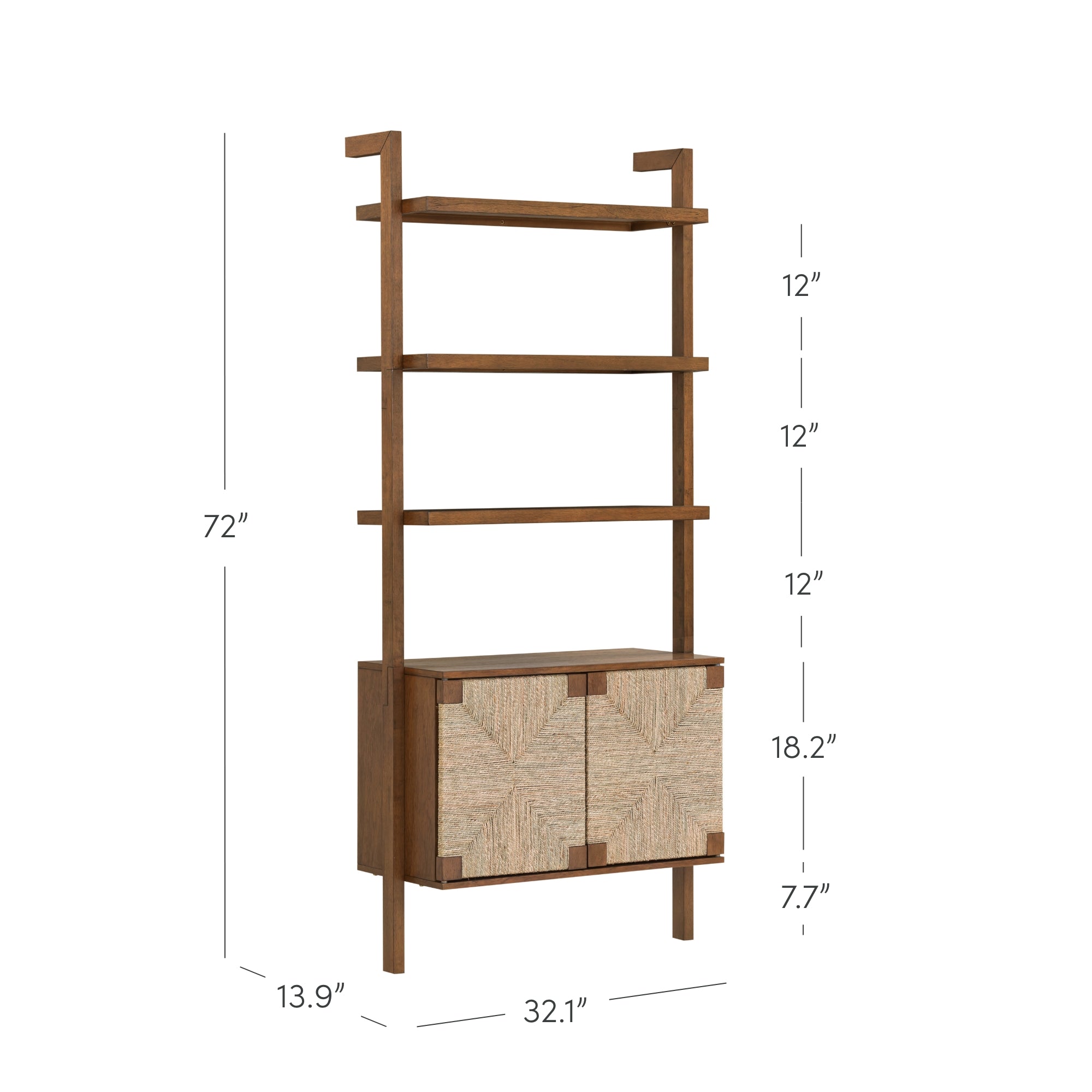 A tall, wooden shelving unit with three open shelves above a closed two-door cabinet. Dimensions are 72 high, 32.1 wide, and 13.9 deep, with varying shelf and cabinet heights marked in inches.