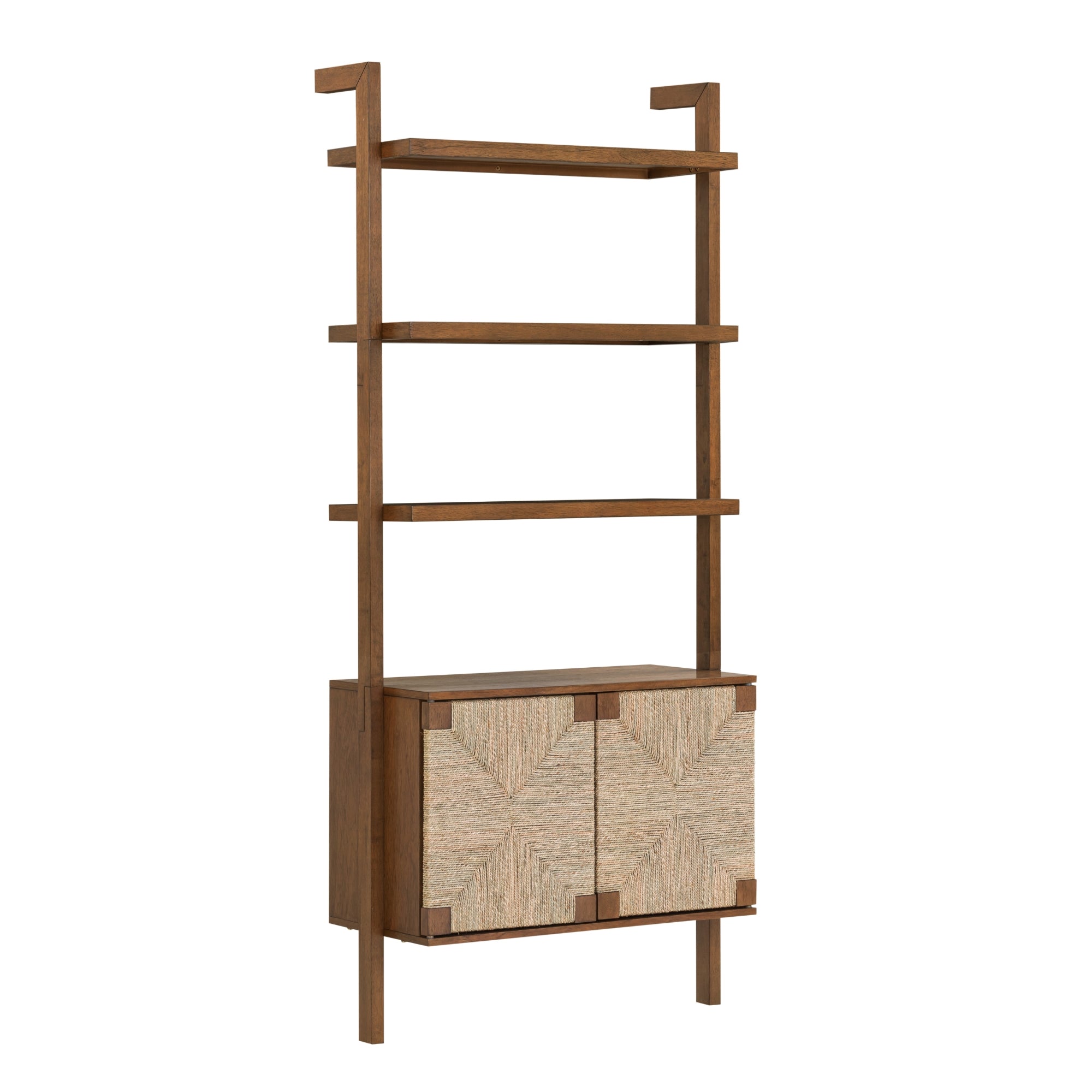A tall, freestanding wooden shelving unit with three open shelves and a cabinet at the bottom featuring two doors with a woven, textured pattern. The design is modern and minimalist.