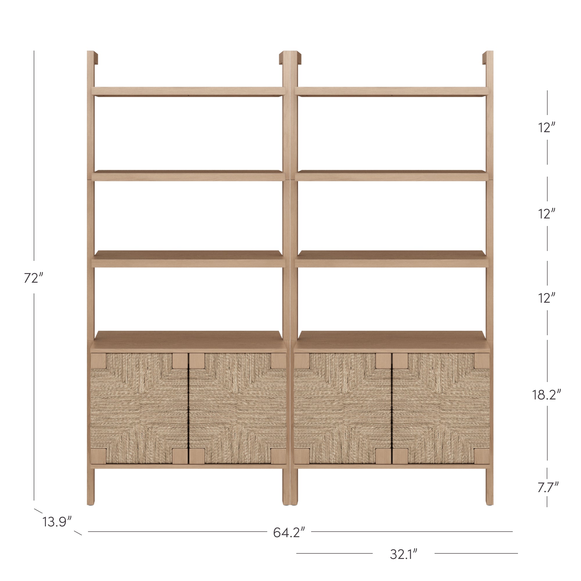 A wooden shelving unit with two sets of three open shelves above two cabinets featuring textured doors. Dimensions are labeled: 72 tall, 64.2 wide, 13.9 deep, with individual sections and cabinet heights marked.