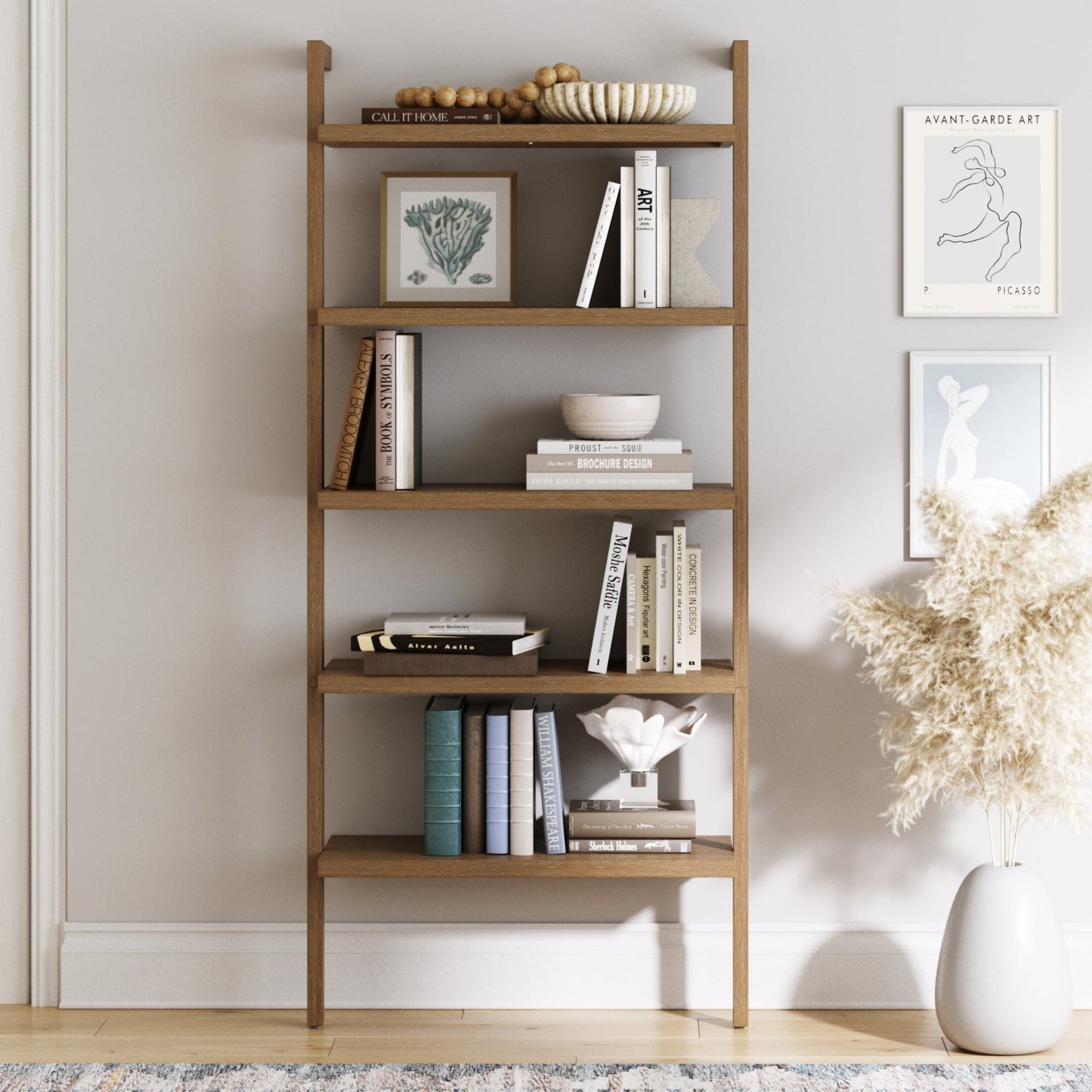 Wood 5 - Shelf Ladder Wall Bookshelf Light Brown - Nathan James