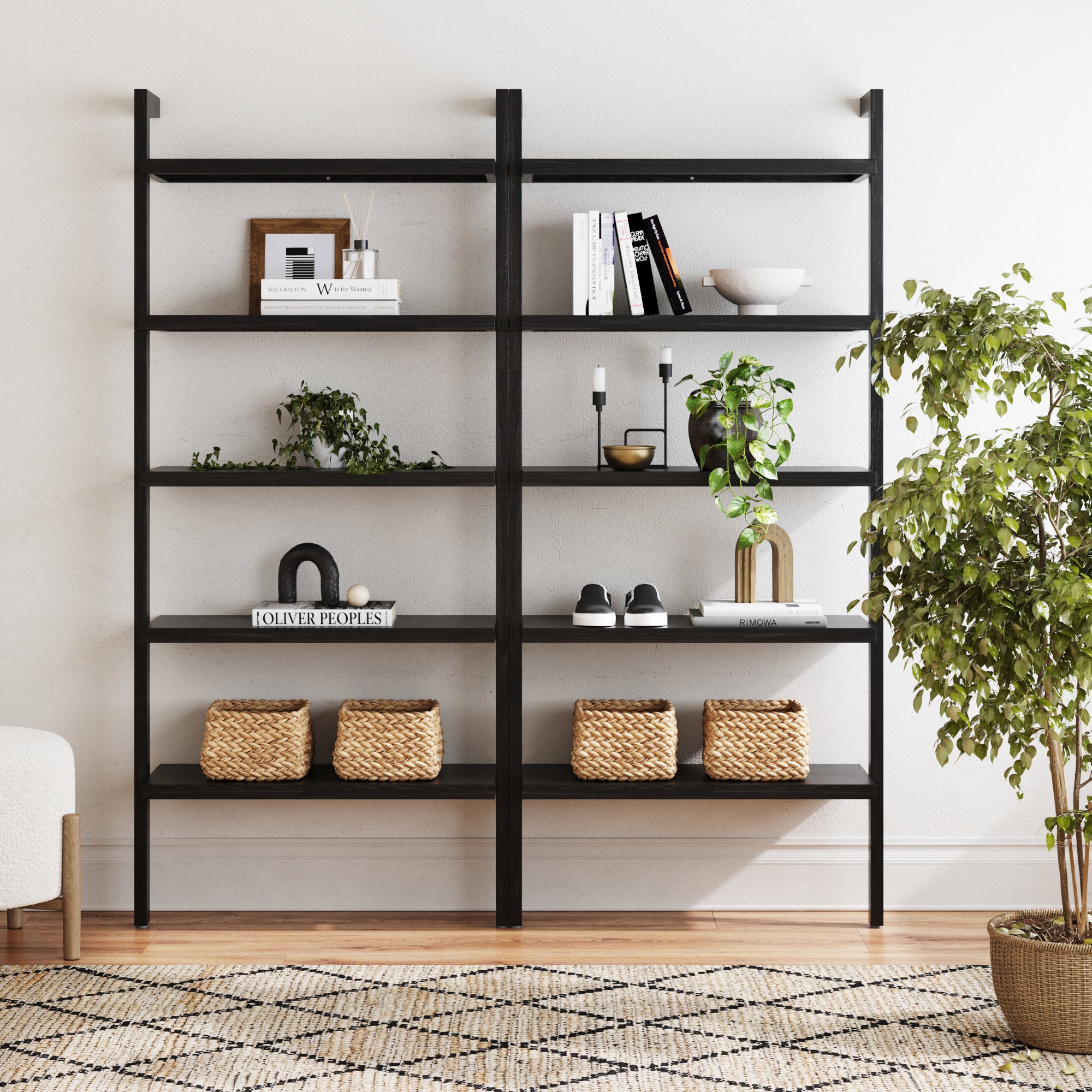 Wood 5 Tier Wall Mounted Bookshelf Black Oak (Set of 2) - Nathan James