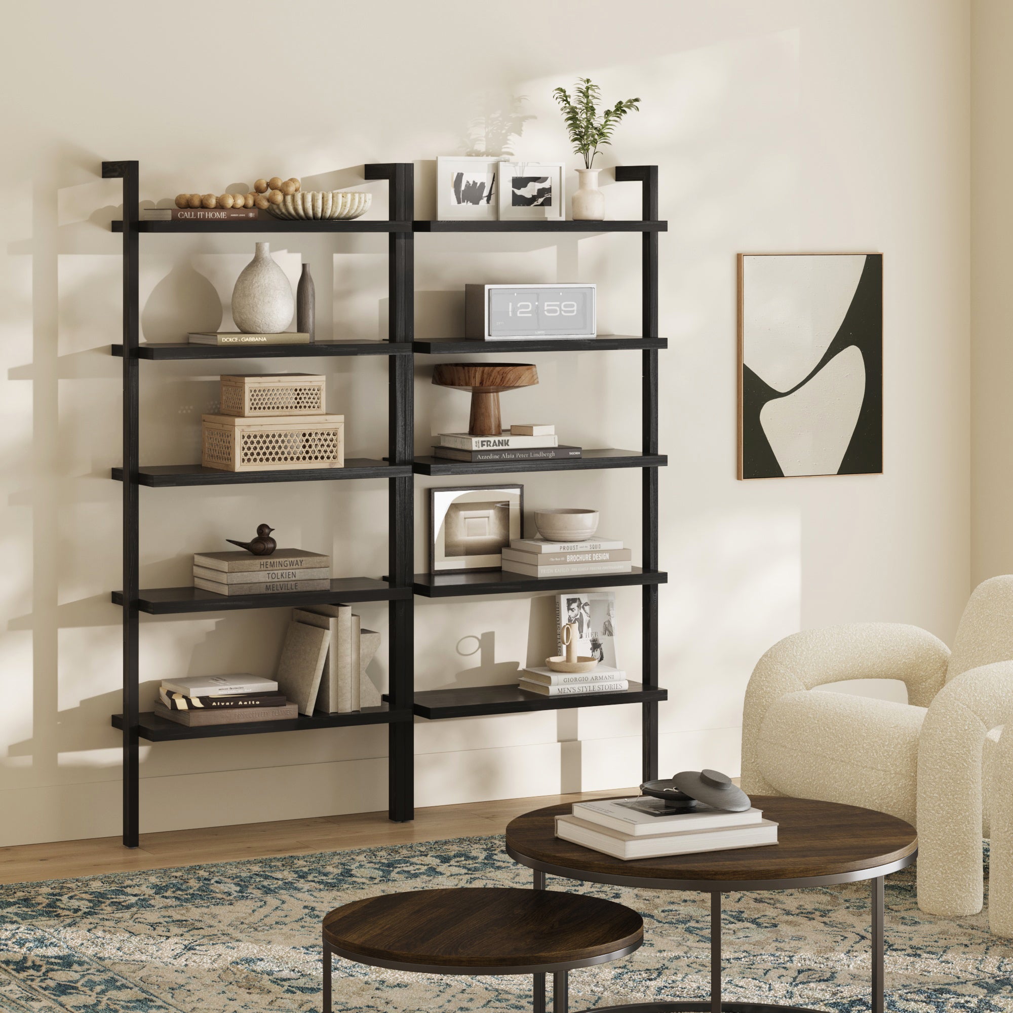 Wood 5 Tier Wall Mounted Bookshelf Black Oak (Set of 2) - Nathan James