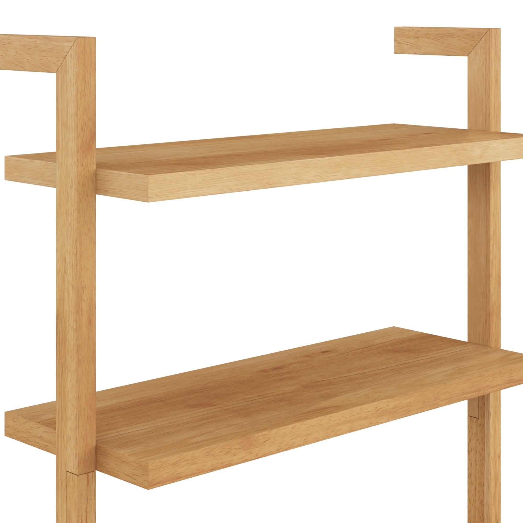 A close-up of a wooden shelving unit with two visible rectangular shelves and vertical supports, featuring a simple, modern design against a plain white background.