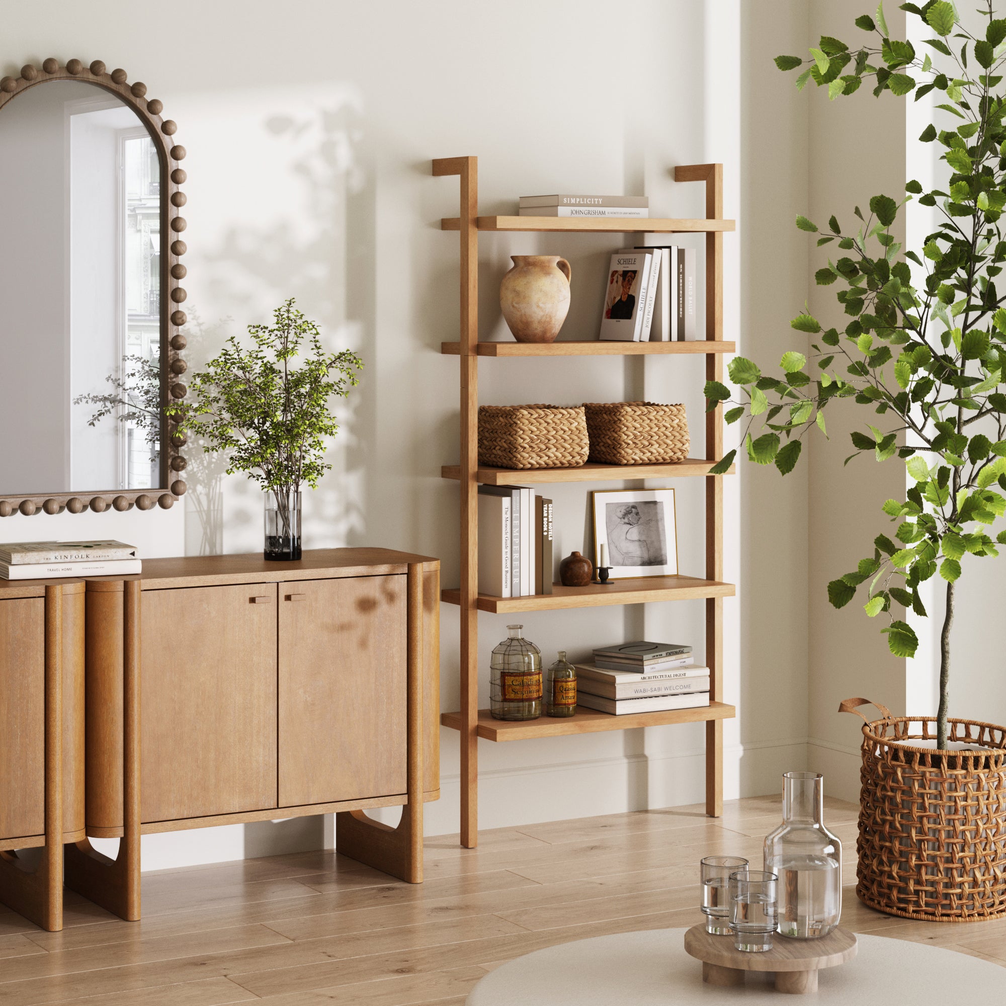 Wood 5 - Shelf Ladder Wall Bookshelf Warm Pine - Nathan James