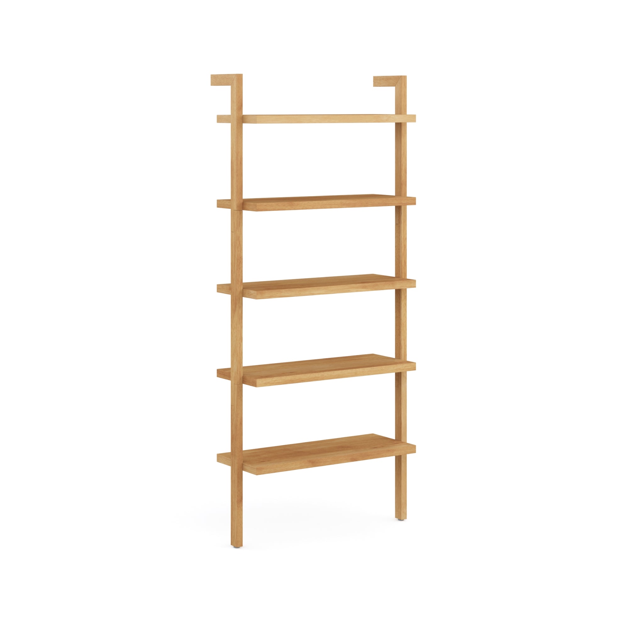 A tall, wooden shelving unit with five evenly spaced open shelves and a minimalist design, standing on four legs against a plain white background.