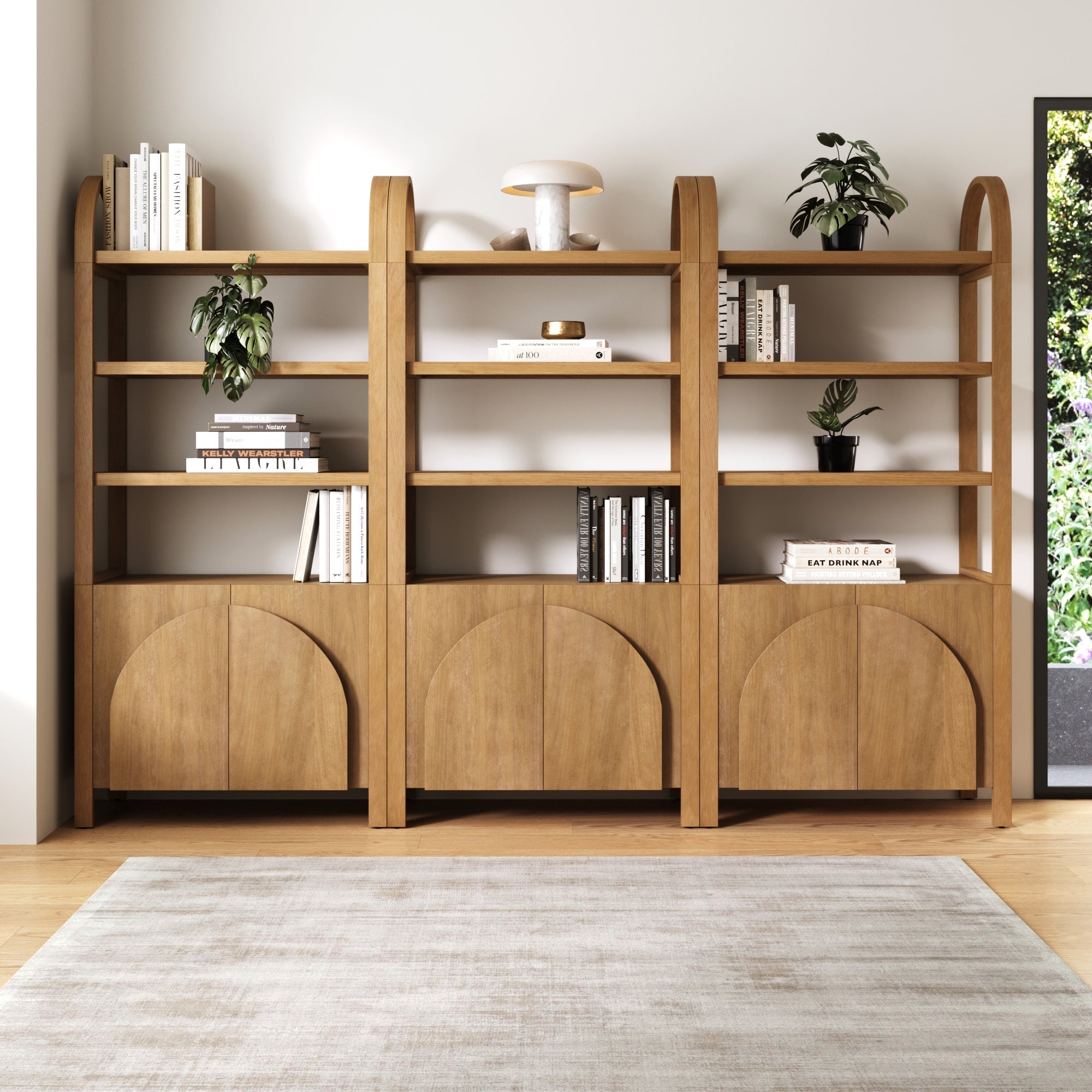 Mid - Century Arched Bookshelves with Doors Light Brown (Set of 3) - Nathan James