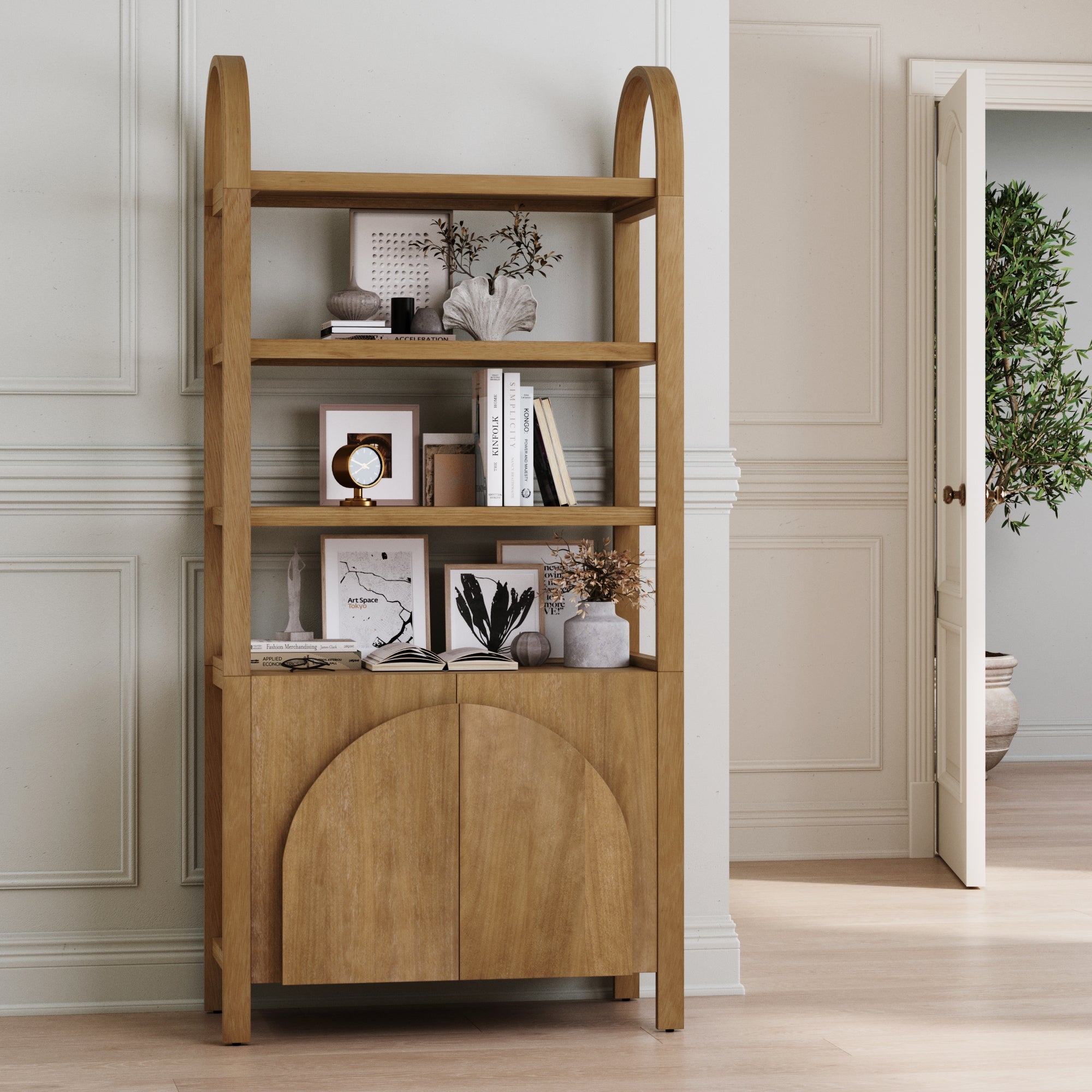 Mid - Century Arched Door Bookshelf with Doors Light Brown - Nathan James