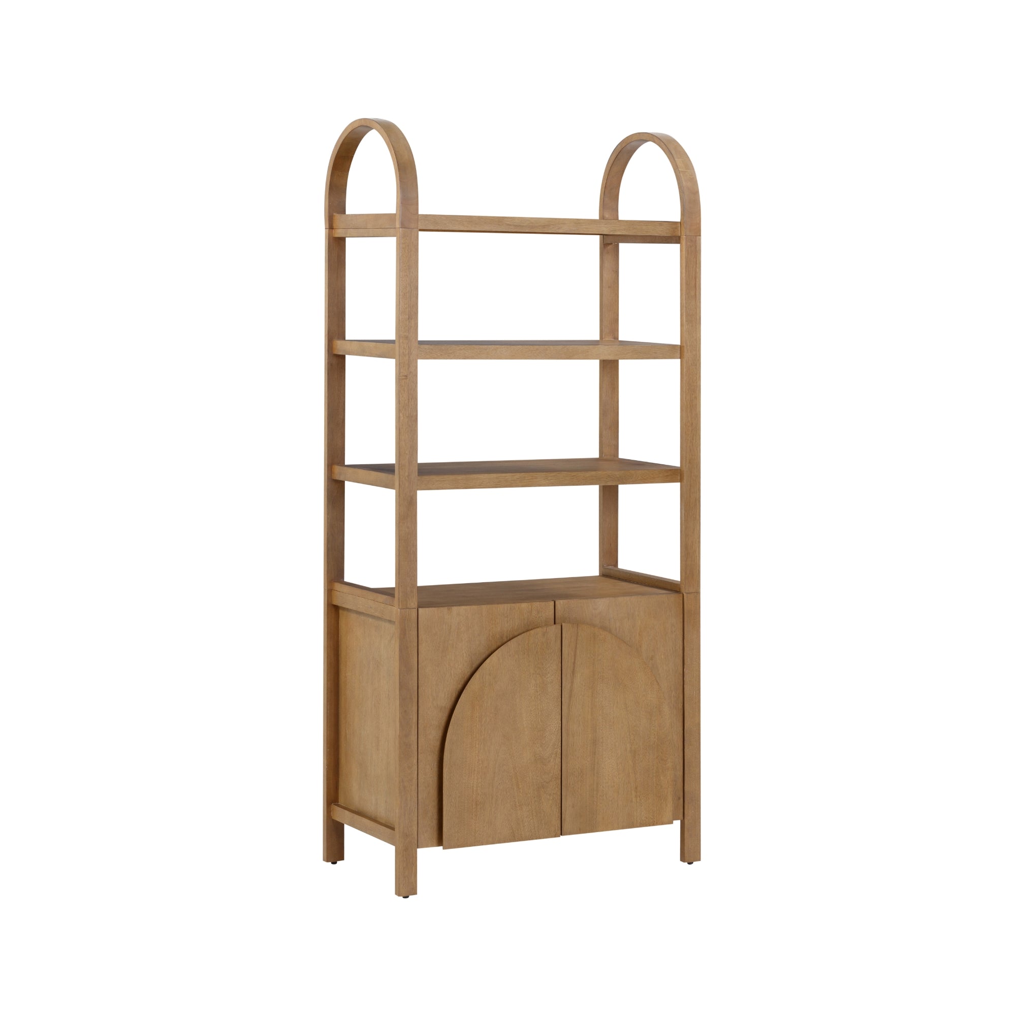 A wooden bookshelf with four open shelves and a two-door cabinet at the bottom. The shelves have curved arches on each side, and the cabinet doors feature a semi-circular design. The wood has a light brown finish.