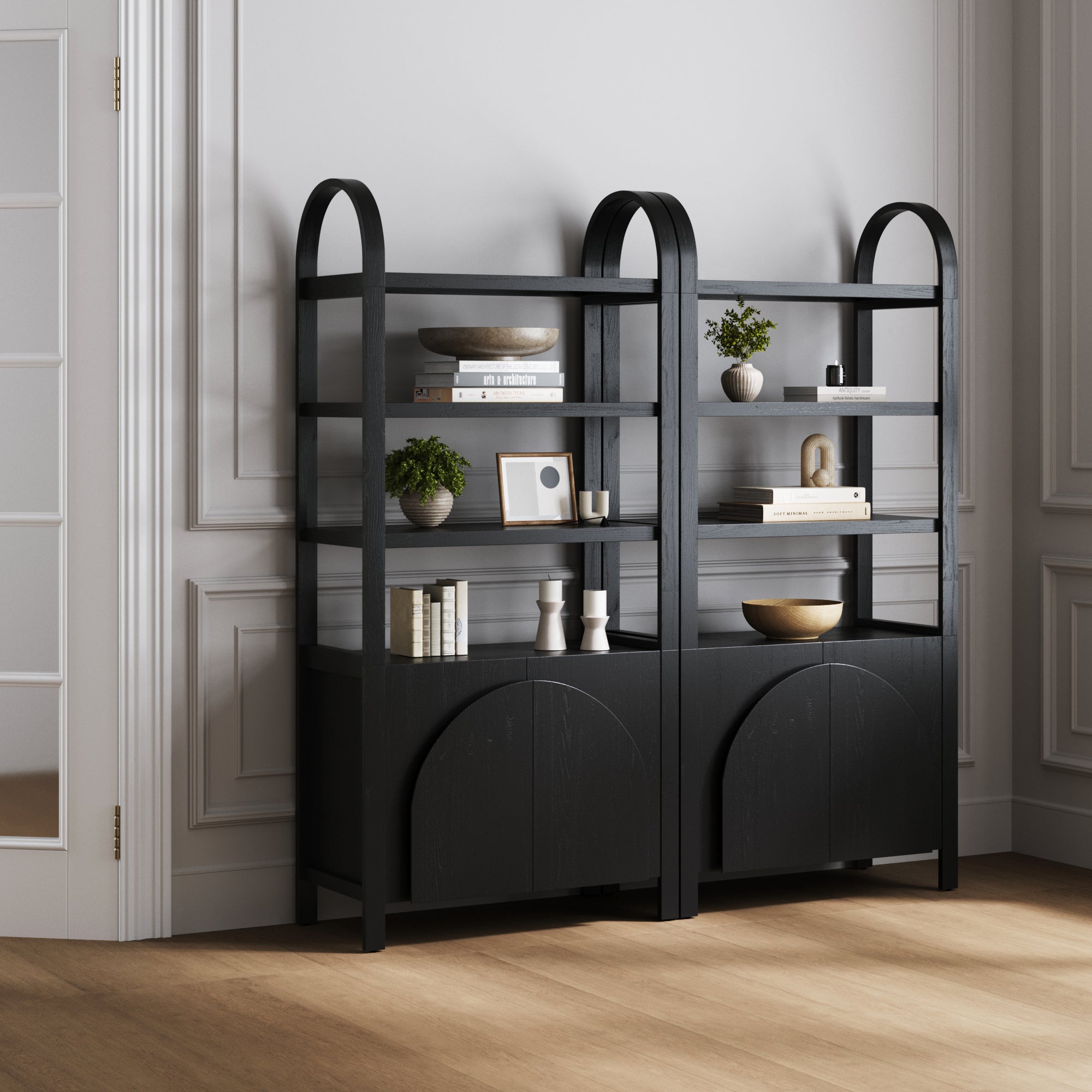 Mid-Century Arched Bookshelves with Doors Black (Set of 2) - Nathan James