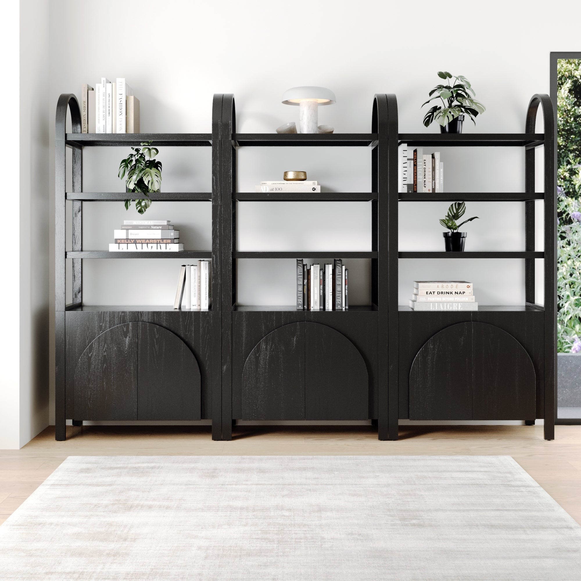 Mid - Century Arched Bookshelves with Doors Black (Set of 3) - Nathan James