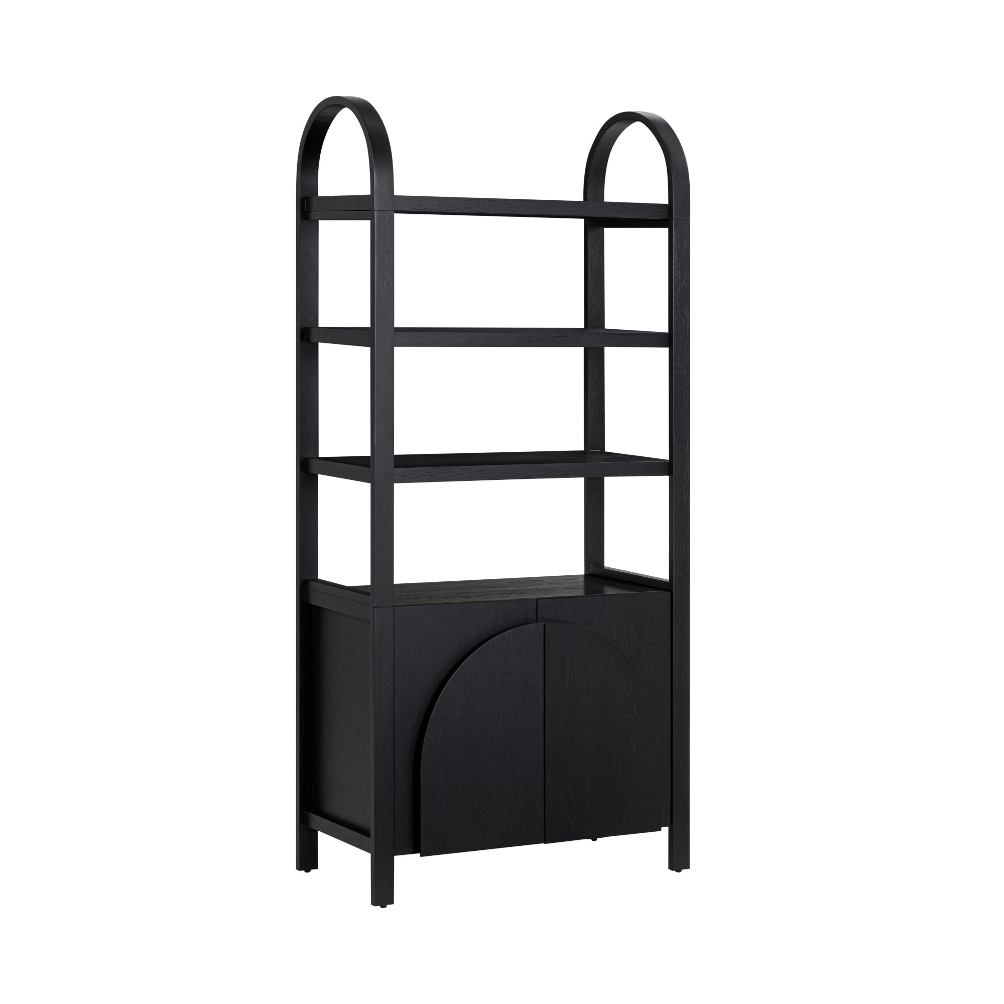 A black wooden shelving unit with four open shelves and a lower cabinet featuring double doors. The frame has two rounded arches at the top, giving it a modern look.