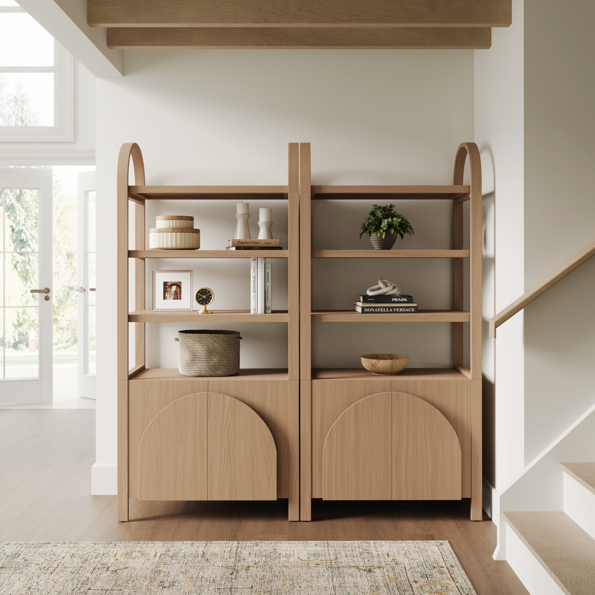 Mid-Century Arched Door Bookshelf with Doors Raw Oak (Set of 2) - Nathan James