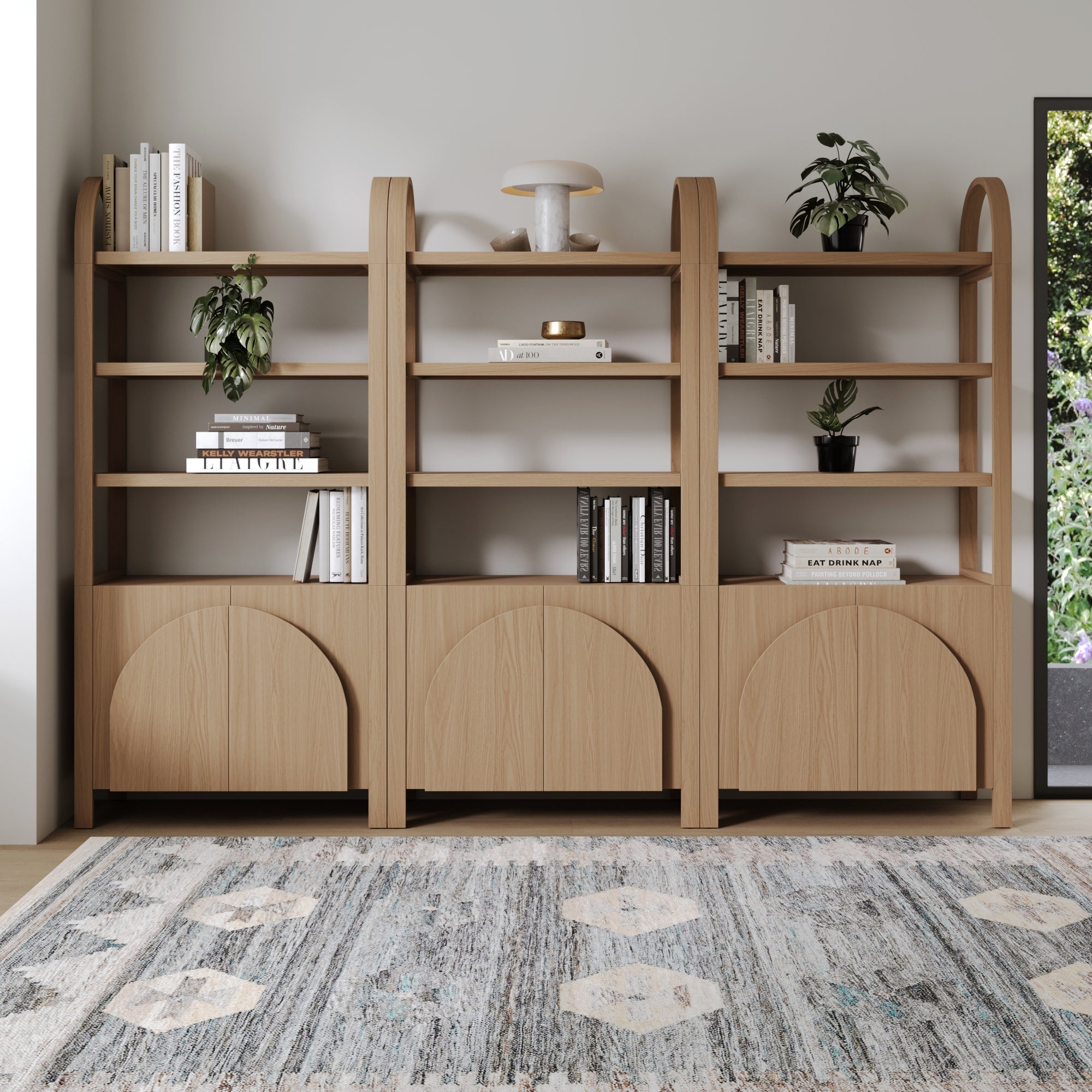 Mid - Century Arched Door Bookshelf with Doors Raw Oak (Set of 3) - Nathan James