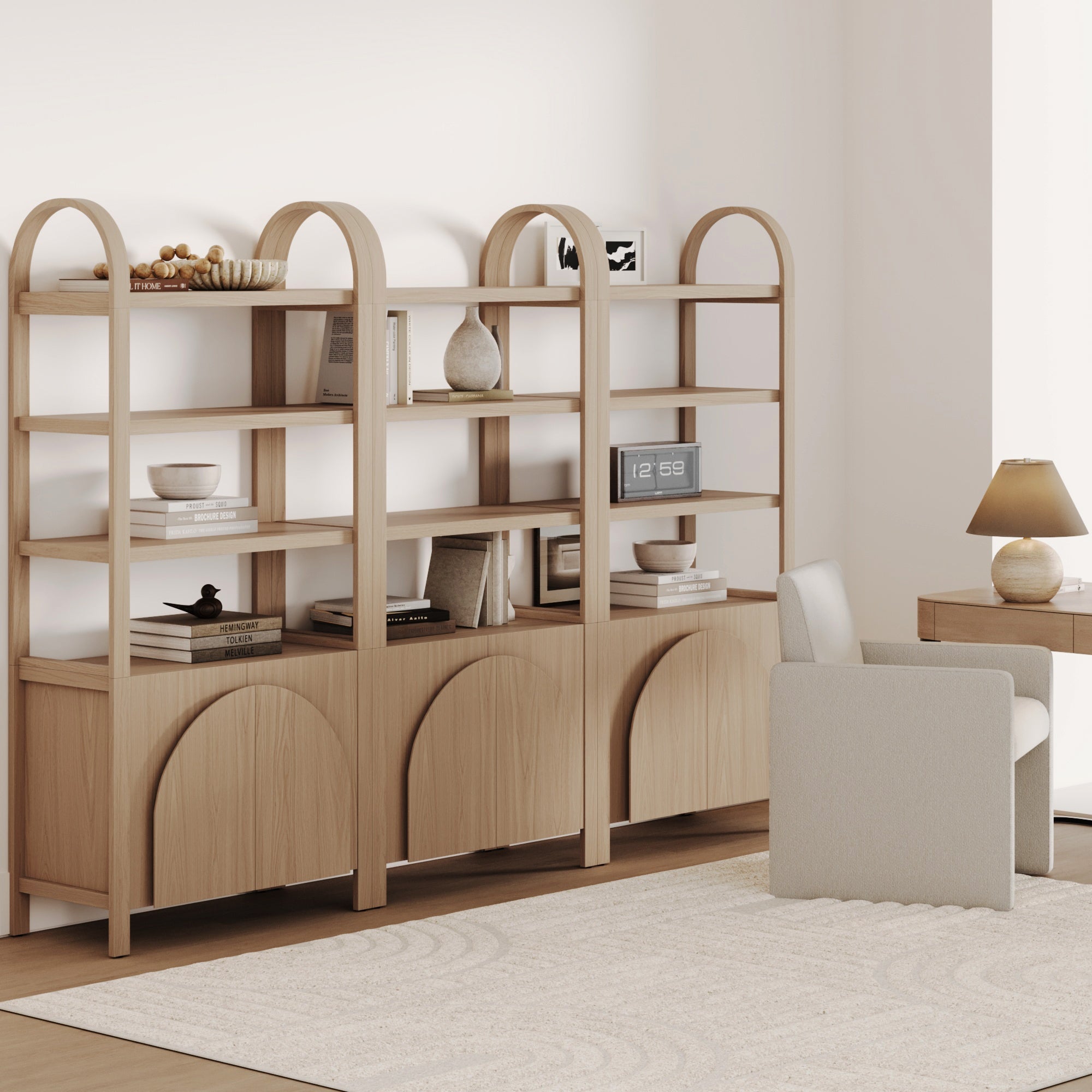 Mid - Century Arched Door Bookshelf with Doors Raw Oak (Set of 3) - Nathan James