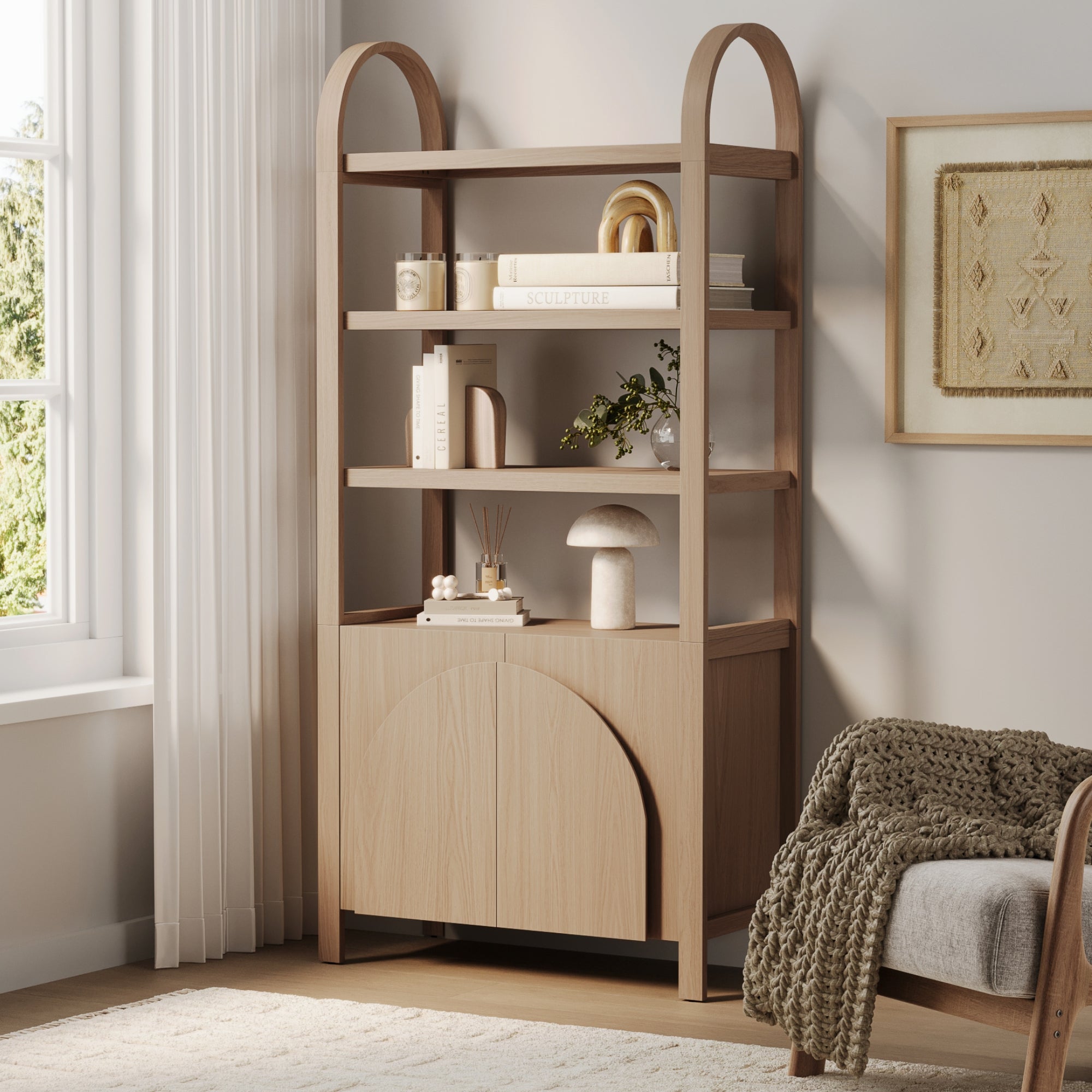 Mid - Century Arched Door Bookshelf with Doors Raw Oak - Nathan James