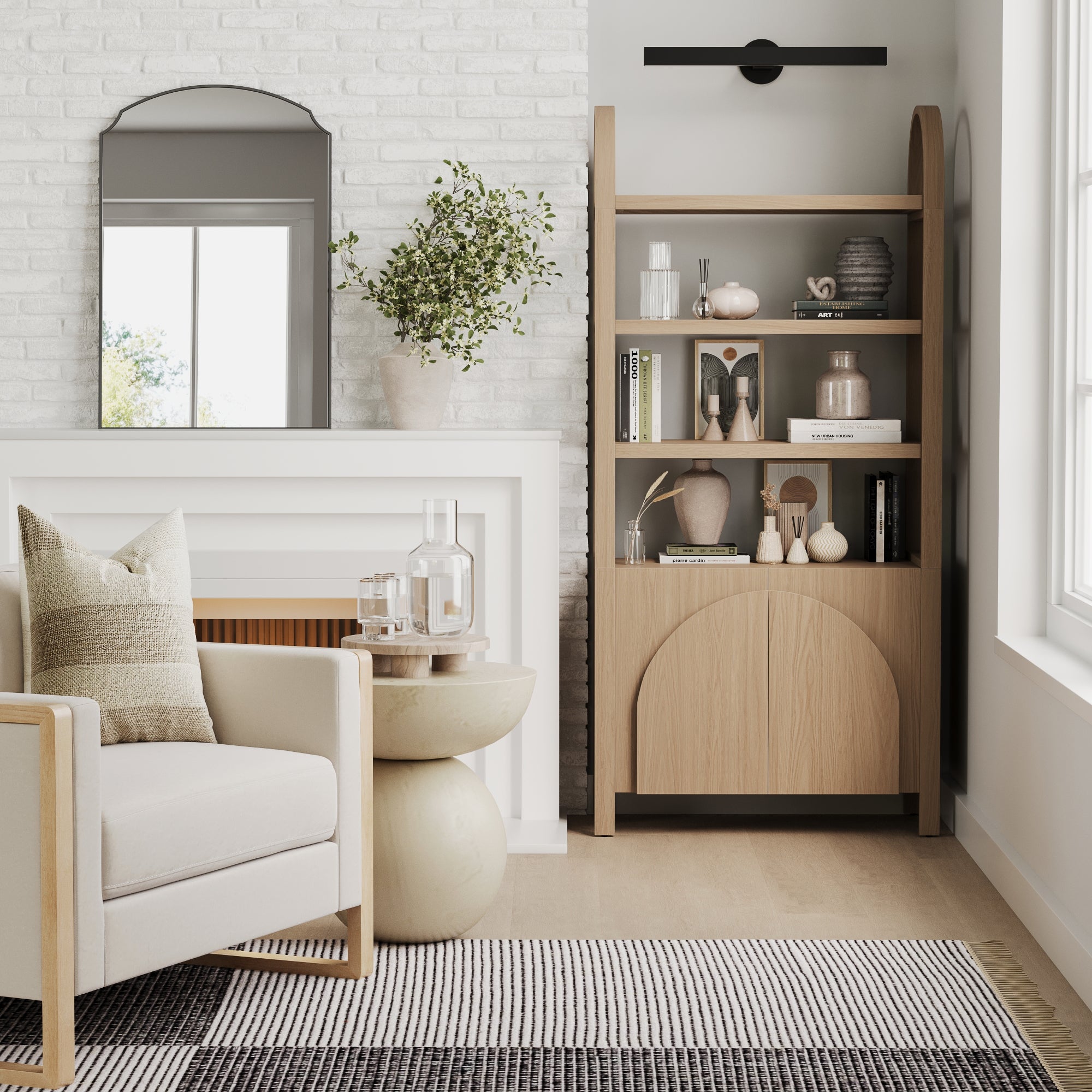 Mid - Century Arched Door Bookshelf with Doors Raw Oak - Nathan James