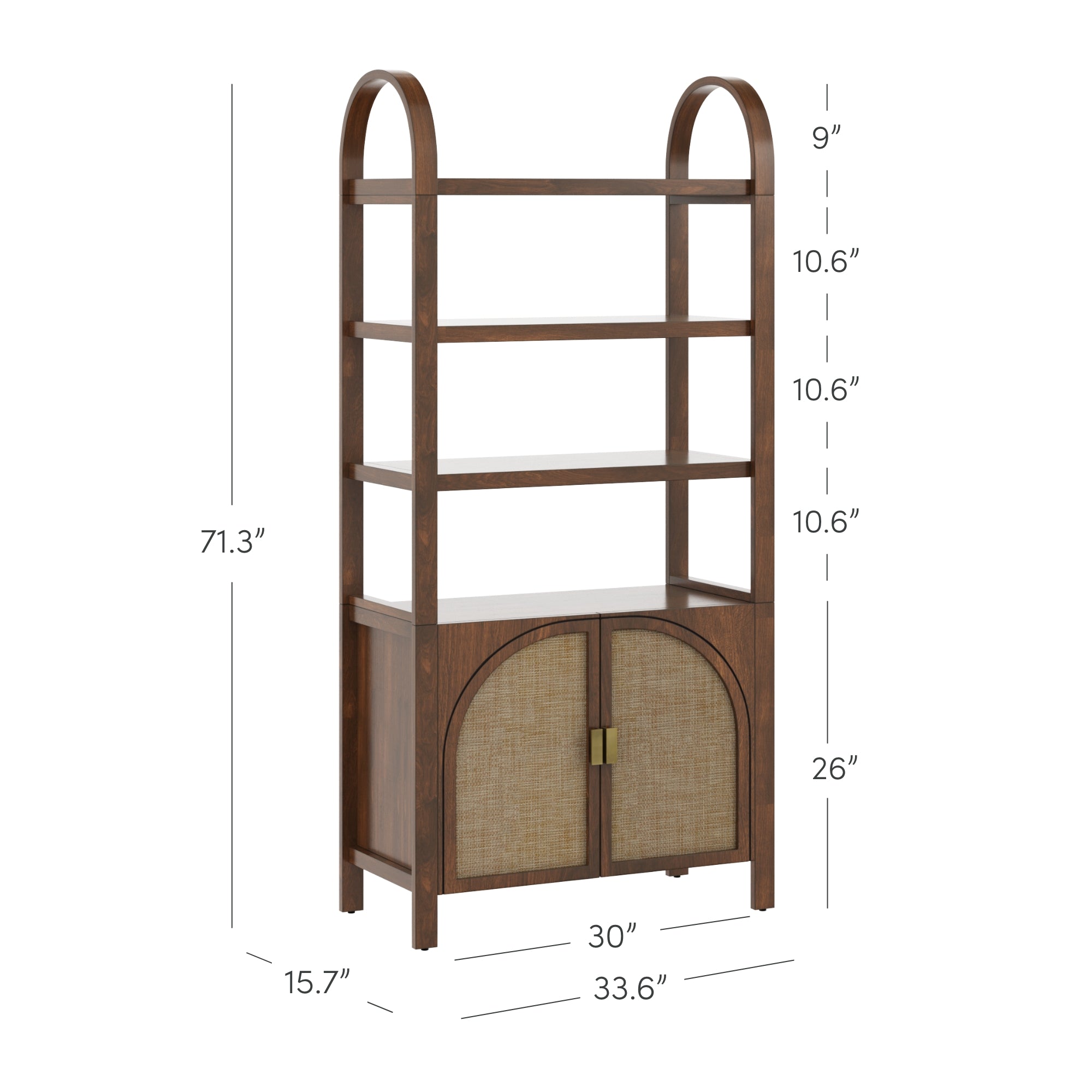 A brown wood and rattan bookshelf with arched sides, three open shelves, and a lower cabinet with double doors. Dimensions: 71.3” tall, 33.6” wide, 15.7” deep. Shelf and cabinet heights are labeled.