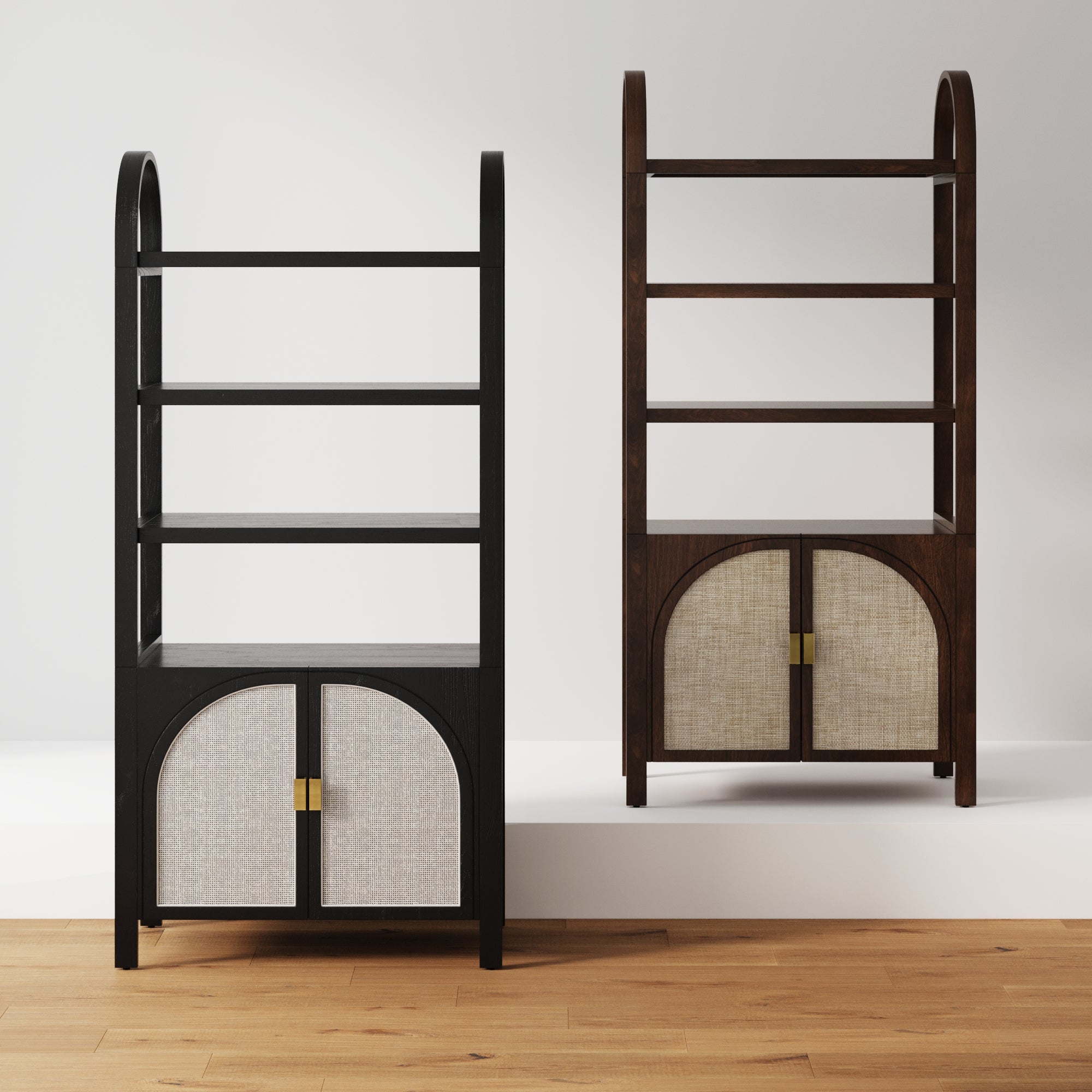 Two modern shelving units with arched tops, open shelves, and double-door cabinets at the bottom. One is black with light-colored doors, the other is dark brown with matching doors, both standing on a wooden floor against a white wall.