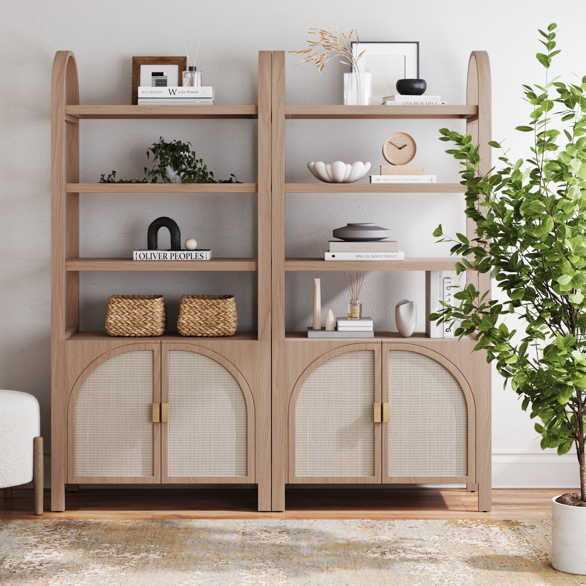 Arched Door Rattan Bookshelf with Doors Raw Oak (Set of 2) - Nathan James