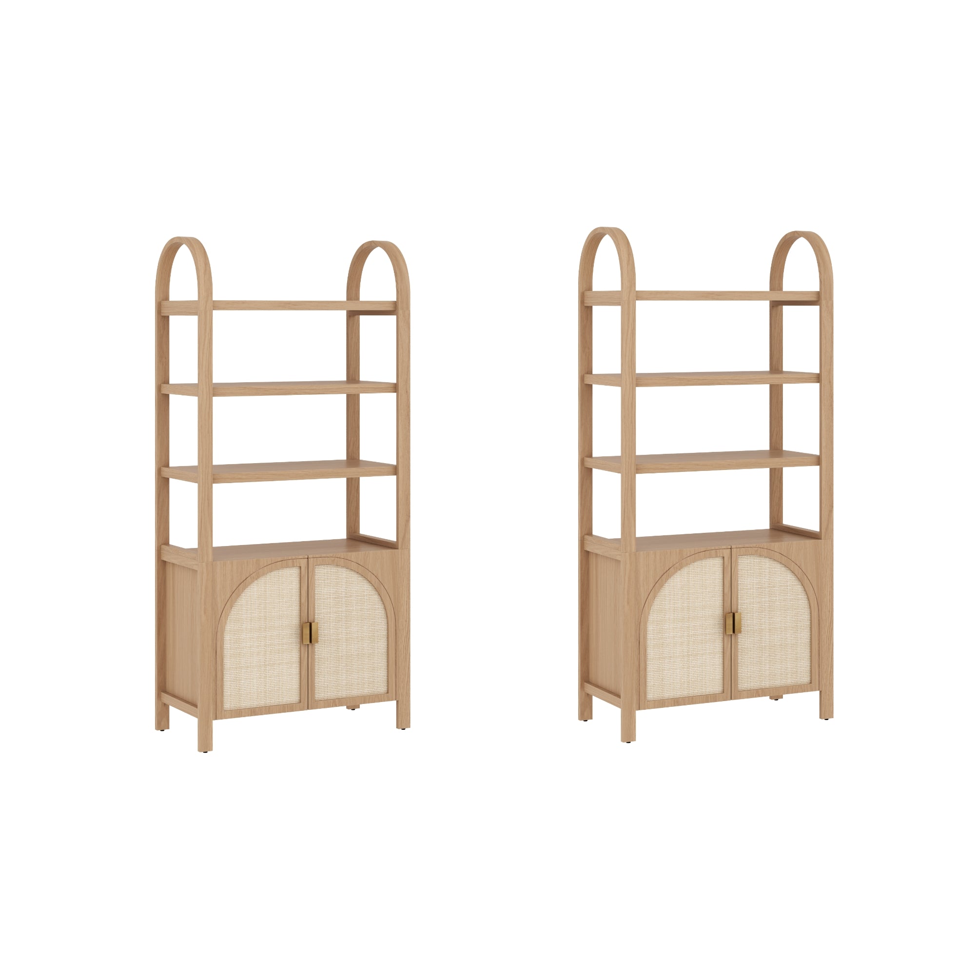 Two identical wooden shelving units with three open shelves each and a lower cabinet featuring double doors with a woven rattan design and gold handles. The tops of the frames are arched.
