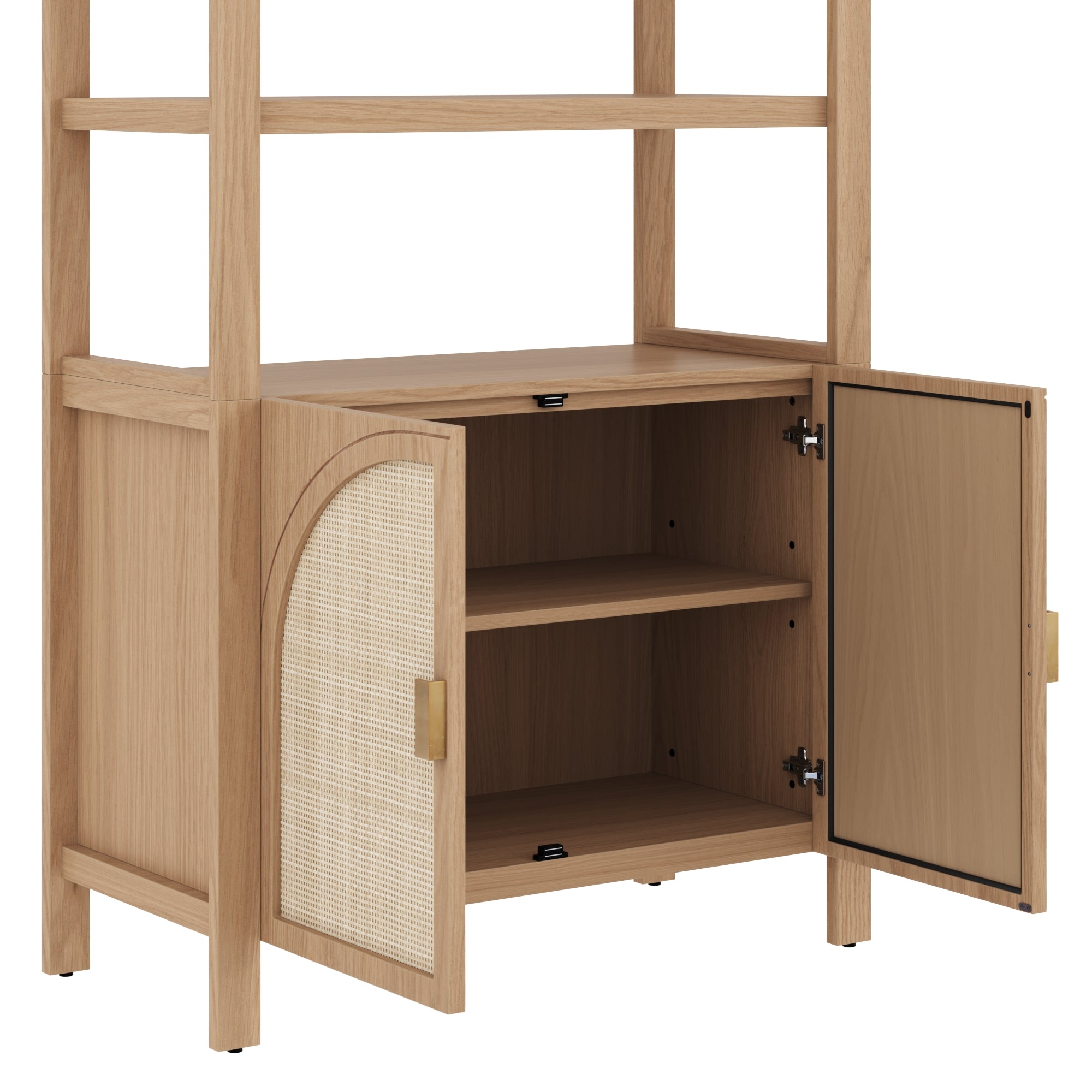 Light wood cabinet with open double doors, revealing an interior shelf. The left door features a woven cane panel and a square brass handle, while the right door is solid wood with a matching handle.