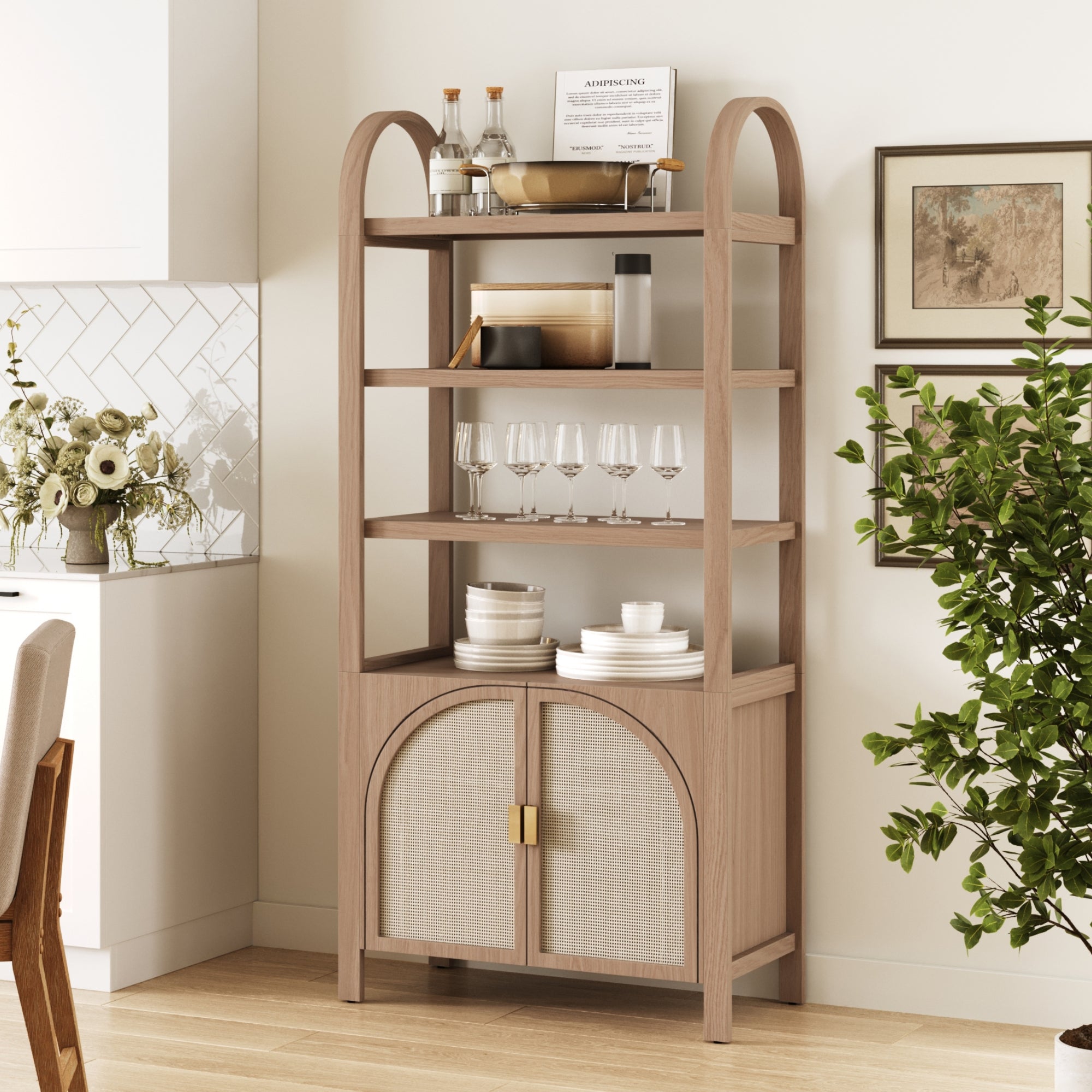 Arched Door Rattan Bookshelf with Doors Raw Oak - Nathan James