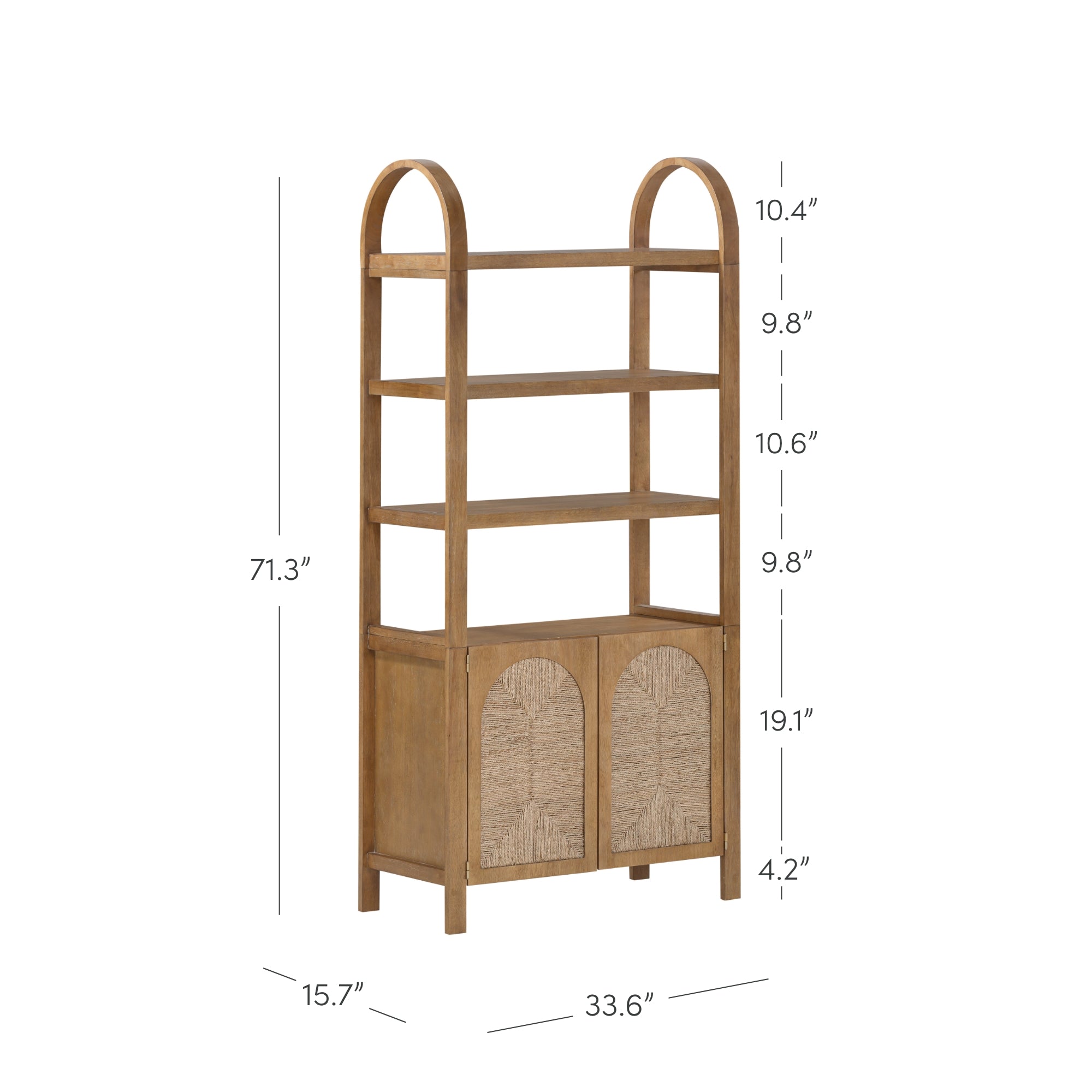 A wooden shelving unit with arched top, four open shelves, and a two-door cabinet at the bottom. Dimensions are labeled: 71.3 tall, 33.6 wide, 15.7 deep. Shelf and cabinet heights are also provided.