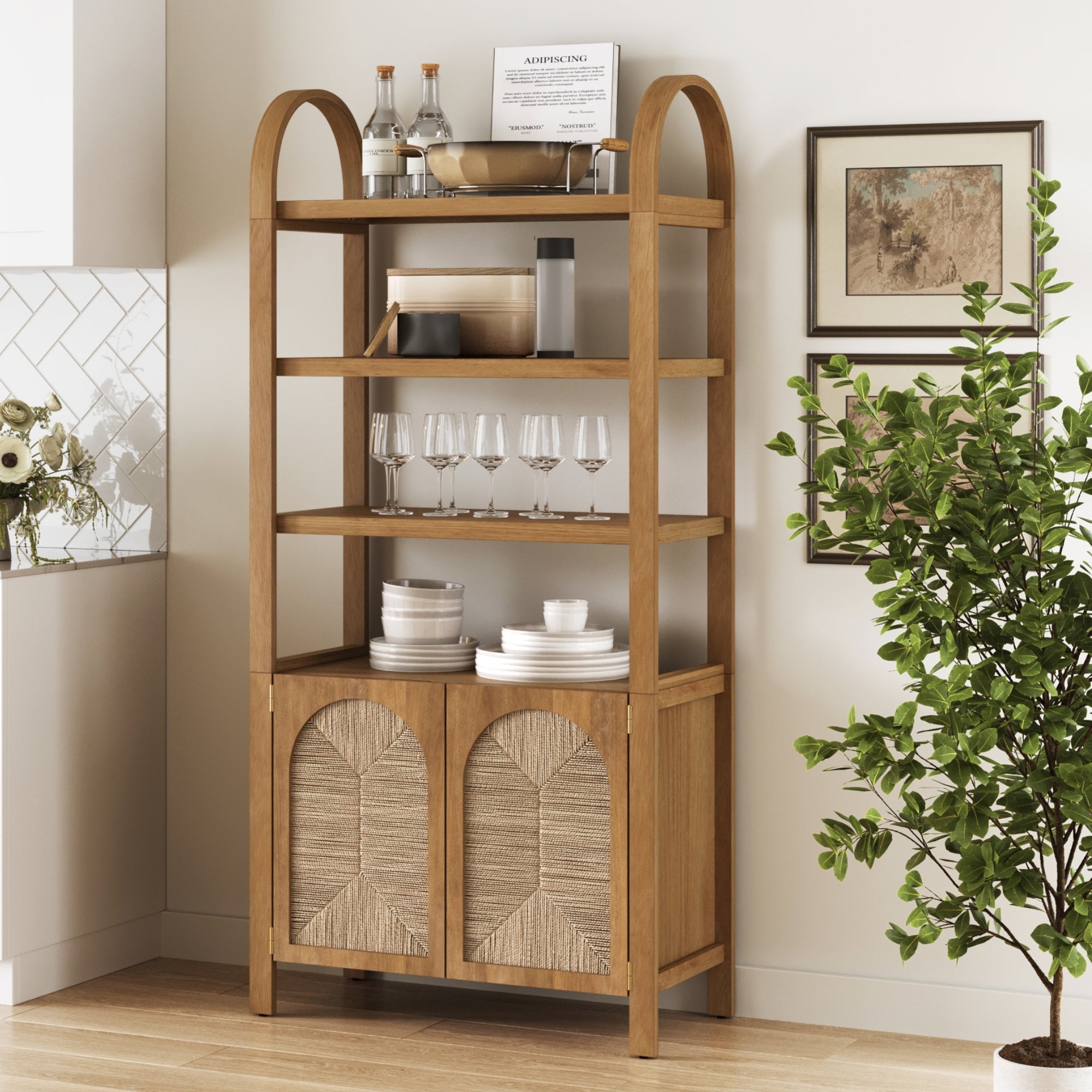 Boho Seagrass Arched Bookshelf Light Brown - Nathan James