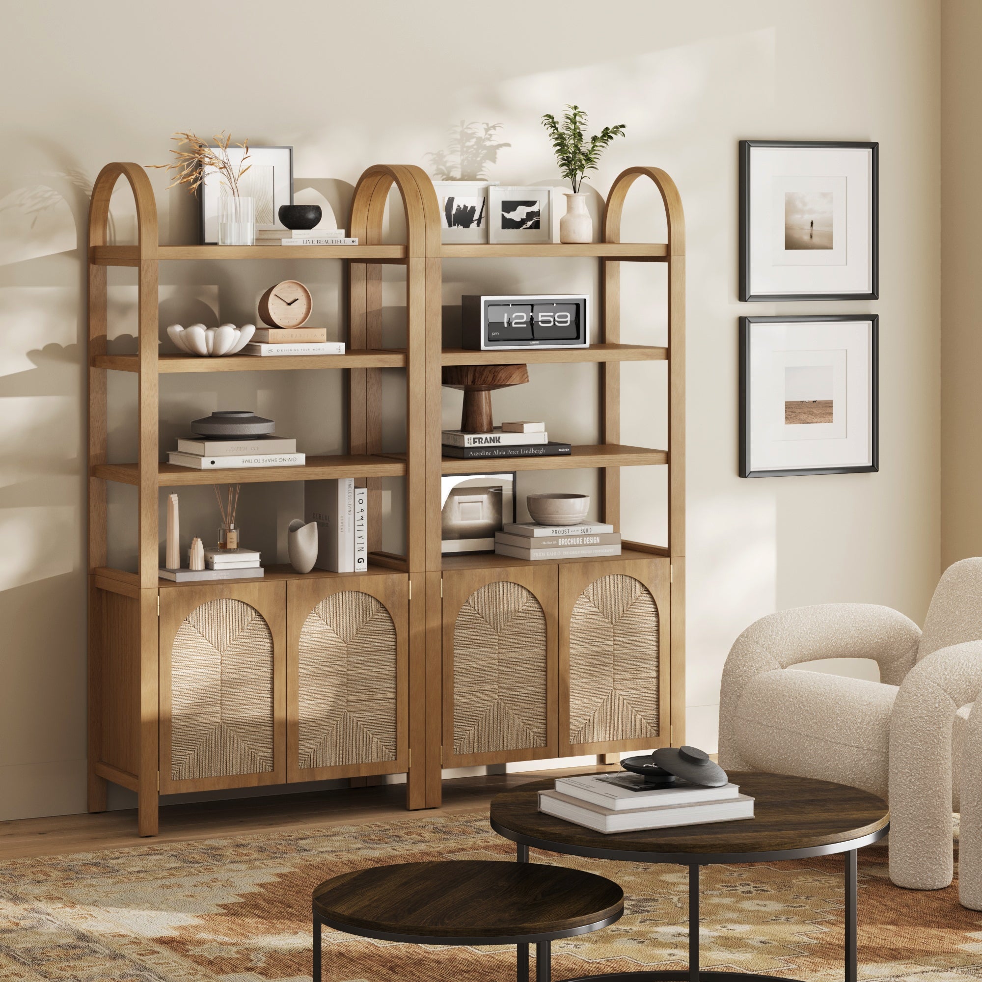 Boho Seagrass Arched Bookshelf Light Brown (Set of 2) - Nathan James