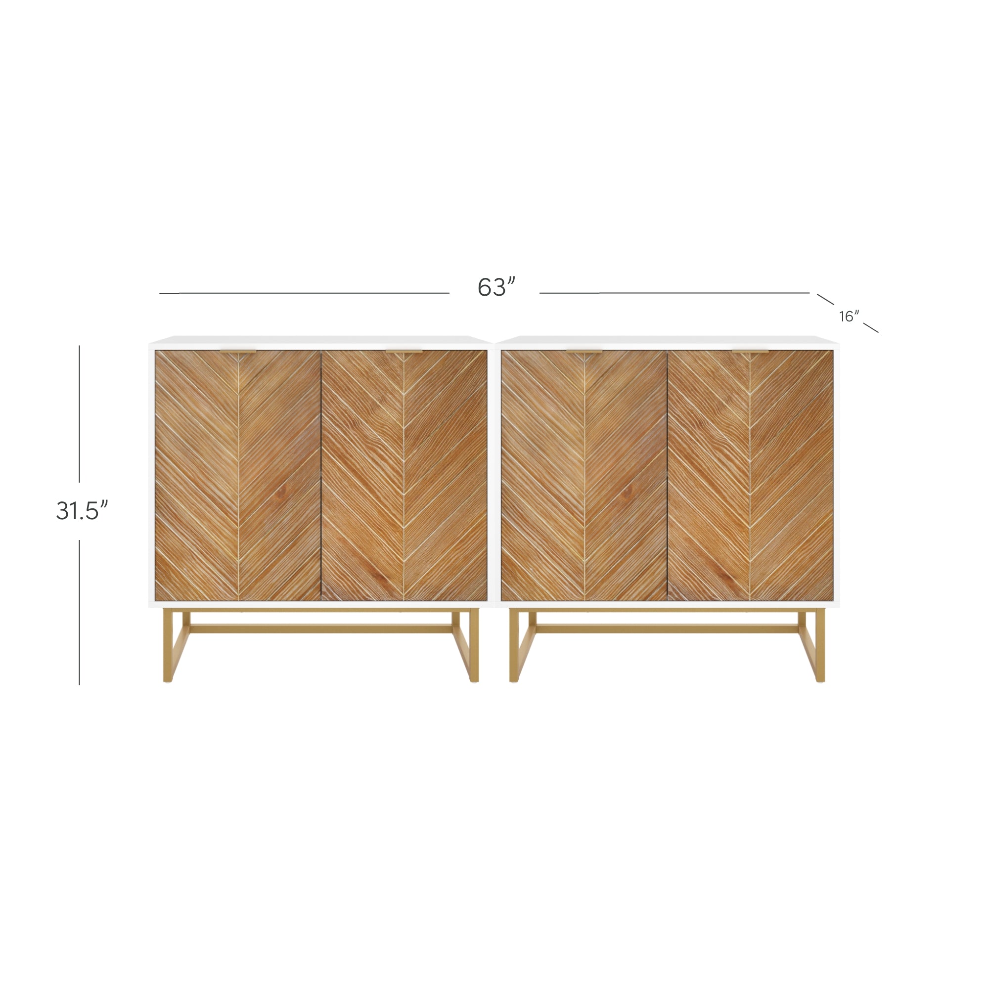 Two wooden cabinets with chevron-patterned doors and minimalist legs, placed side by side. Dimensions are 63 inches wide, 31.5 inches high, and 16 inches deep.