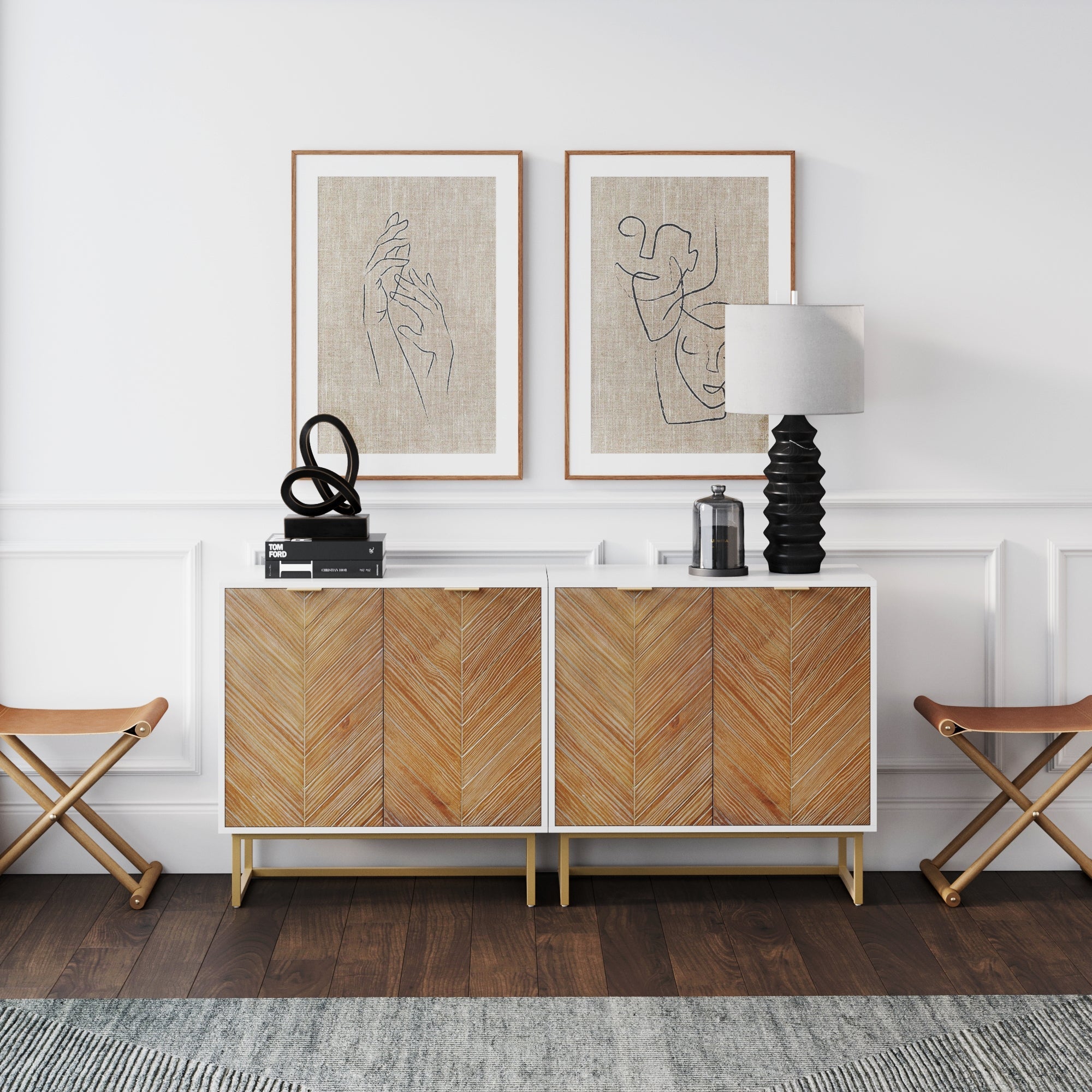 Wood Herringbone Storage Cabinet Credenza White (Set of 2) - Nathan James