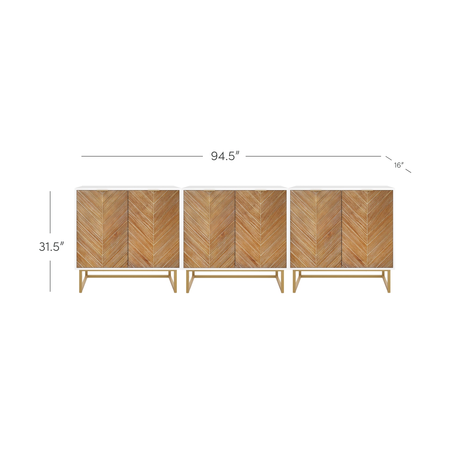 Three wooden cabinets with herringbone-patterned doors are shown side by side. Dimensions are labeled: total width 94.5 inches, height 31.5 inches, and depth 16 inches. The cabinets stand on short legs.