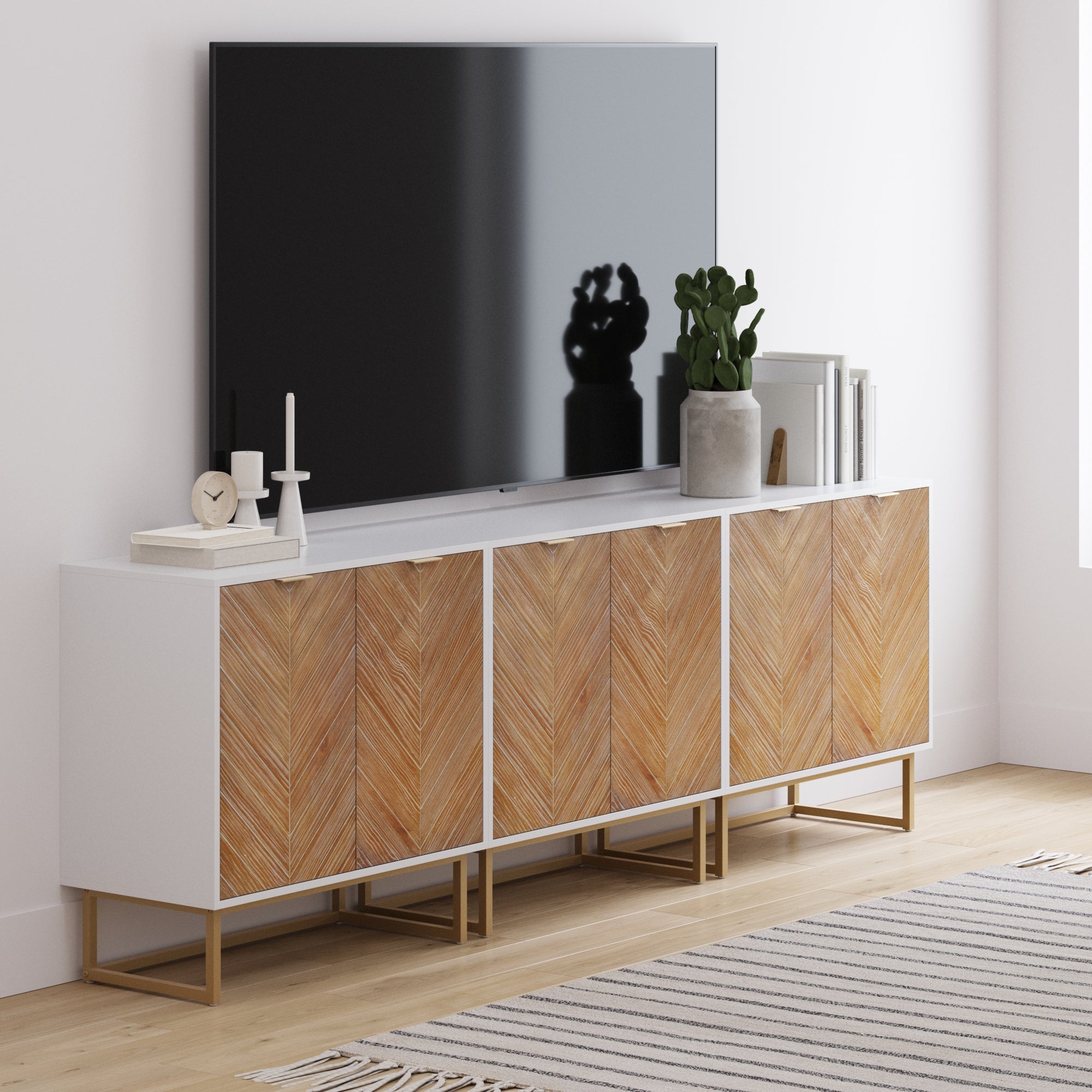 Wood Herringbone TV Console for 75 - 85" TVs Natural Wash/White - Nathan James