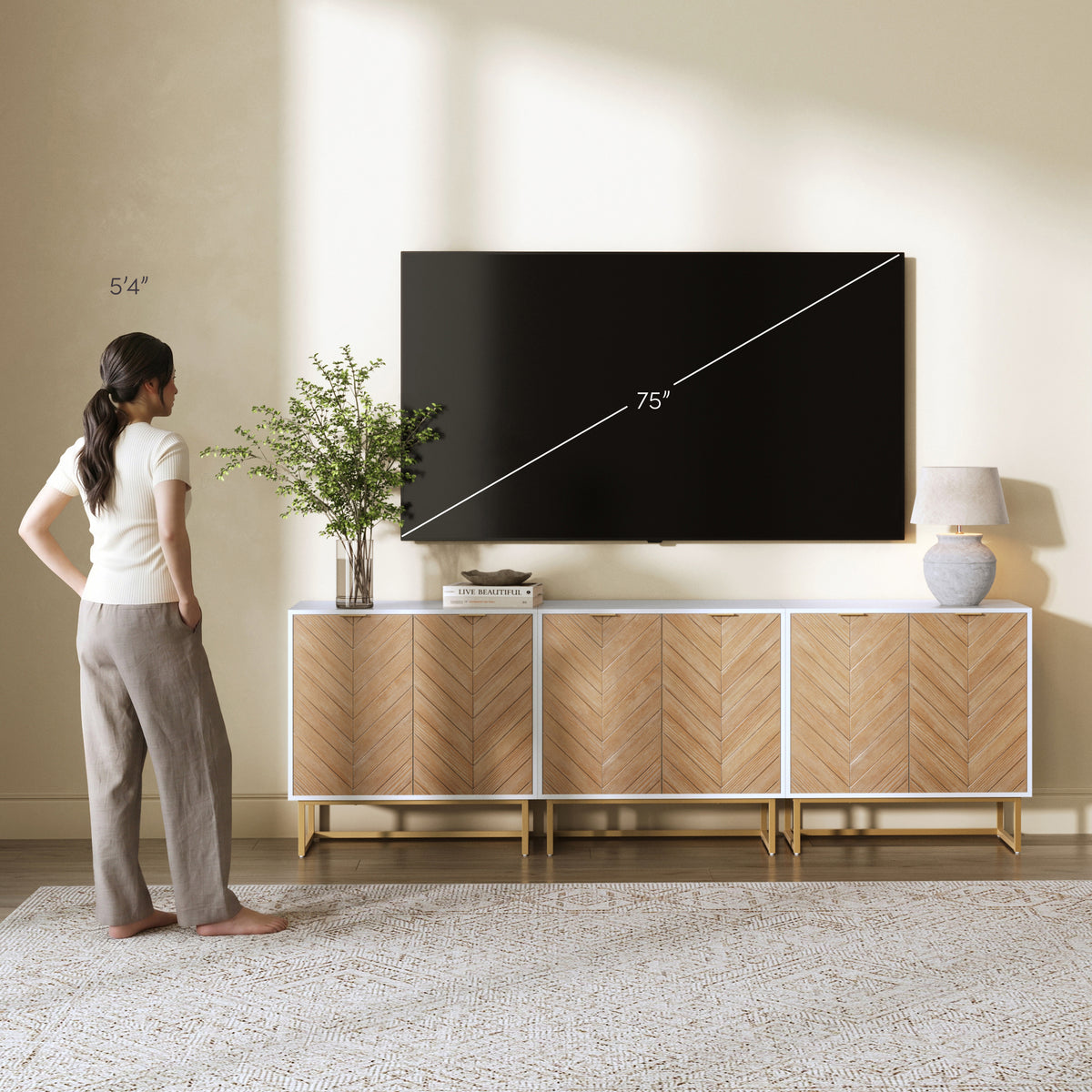 Wood Herringbone TV Console for TVs up to 75" Natural Wash/White - Nathan James