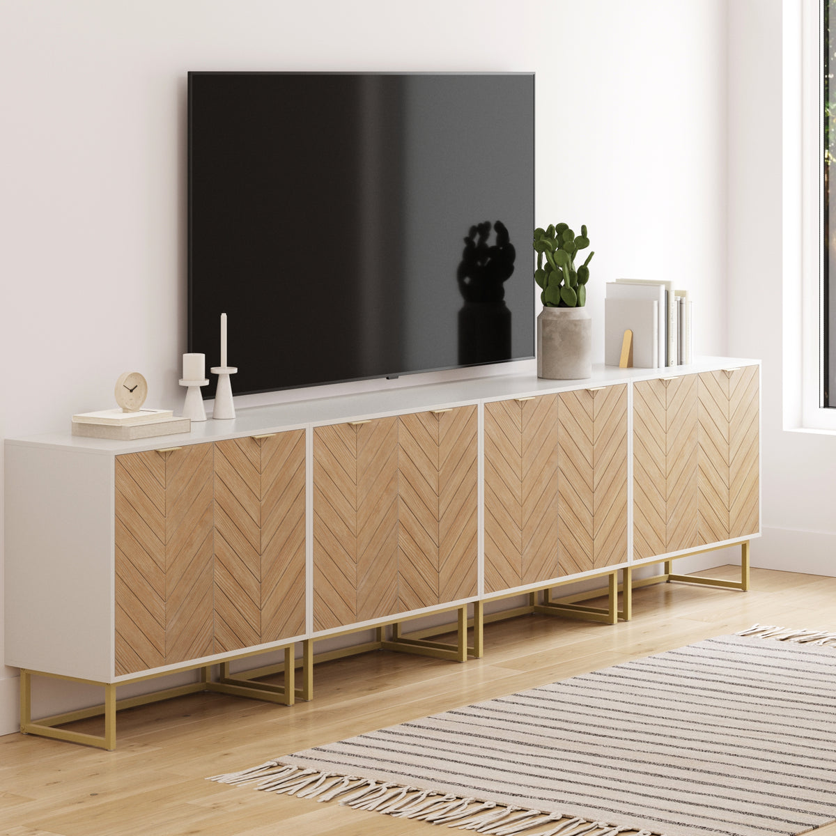 Wood Herringbone TV Console for TVs up to 100" Natural Wash/White - Nathan James