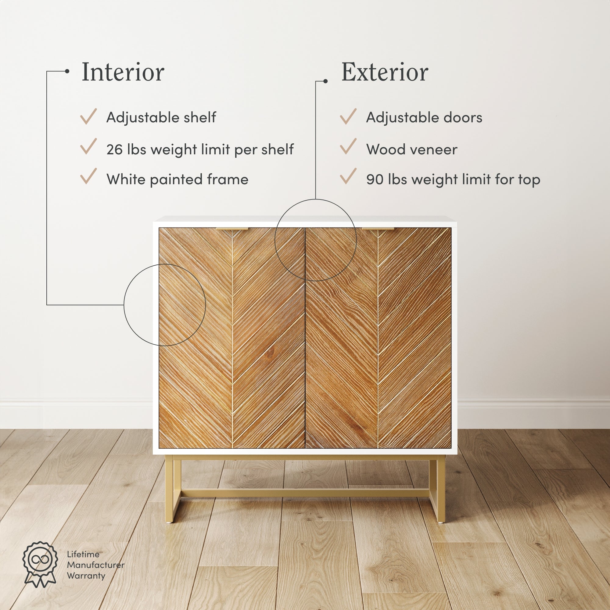 A wooden cabinet with herringbone doors stands on a light wood floor. Text highlights its features: adjustable shelf, 26 lbs weight limit per shelf, white painted frame, adjustable doors, wood veneer, 90 lbs top weight limit.