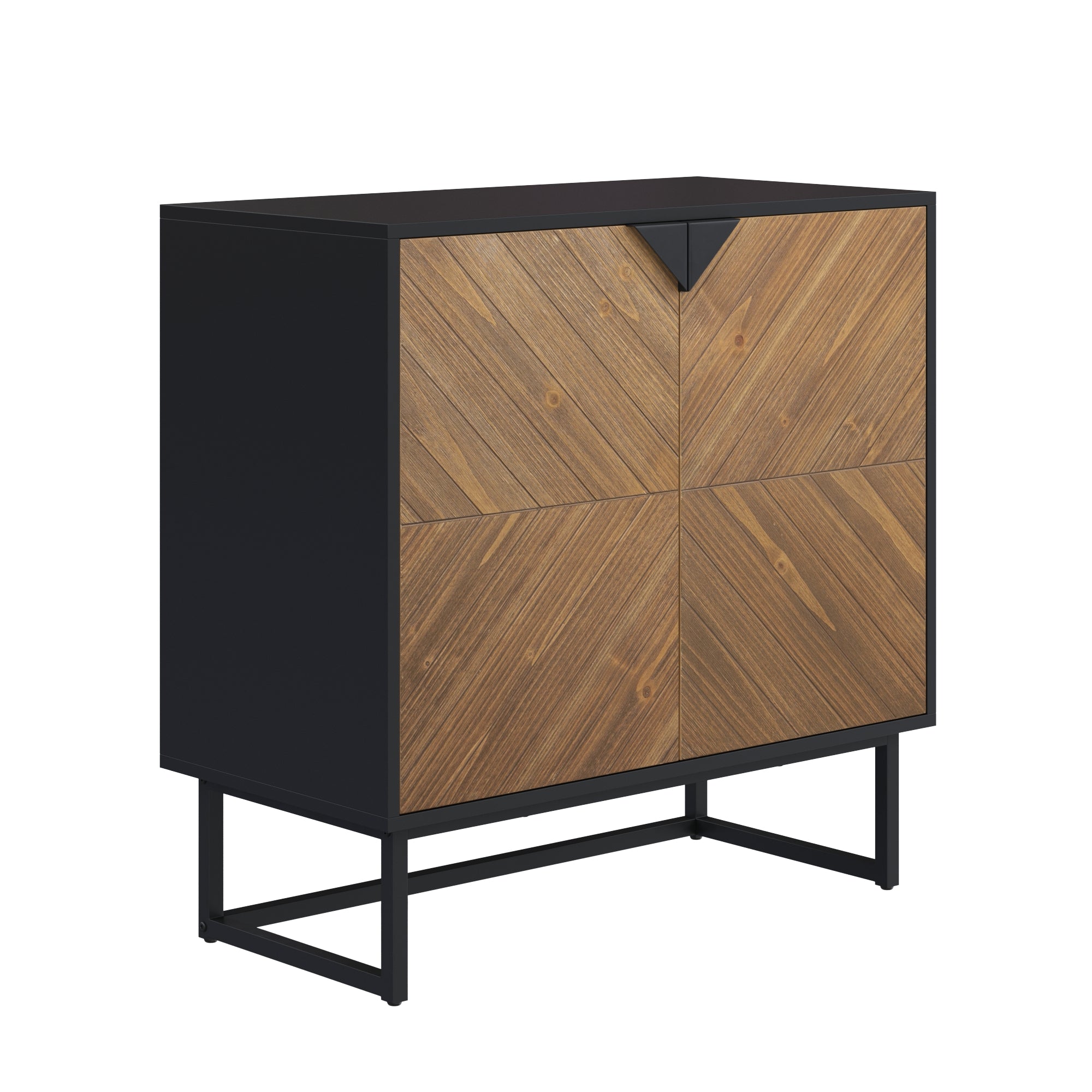 A modern cabinet with a black frame and four wooden front panels arranged in a chevron pattern, standing on a minimalist metal base.