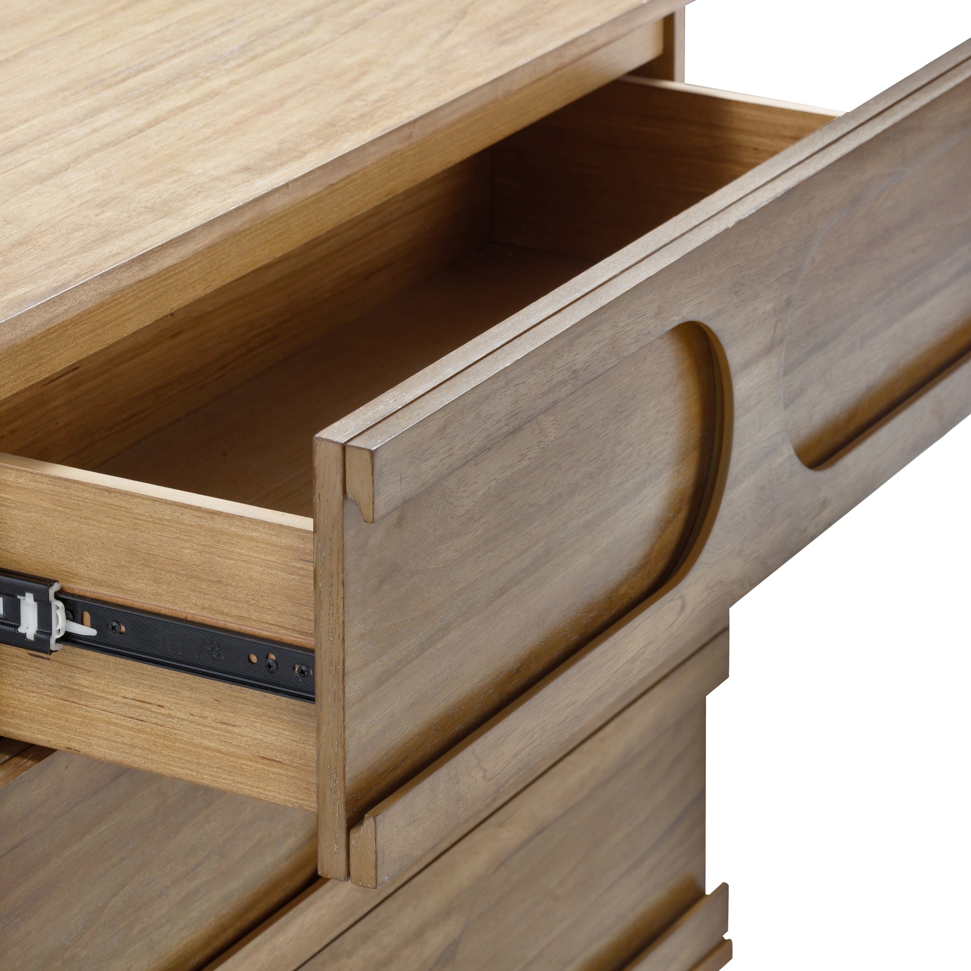 A close-up view of a wooden dresser with a single drawer partially open, showing the smooth wood grain and integrated handle design.