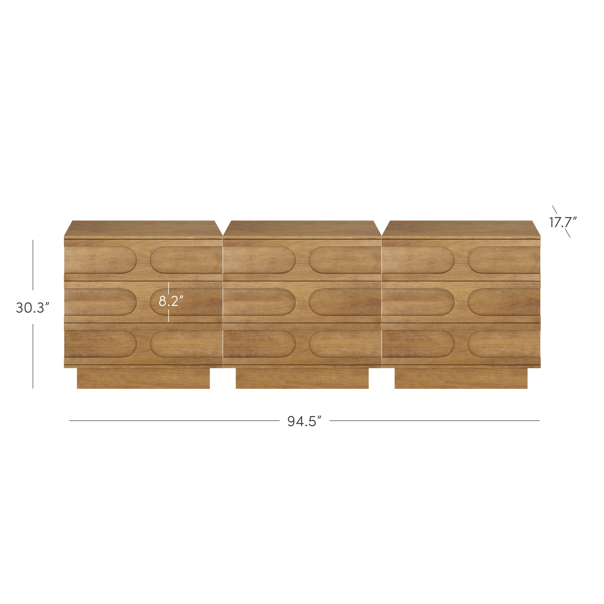 Front view of a wooden sideboard with three sections, featuring rounded rectangular patterns on the doors. The dimensions are labeled: 94.5 wide, 30.3 high, 17.7 deep, and door panels are 8.2 high.