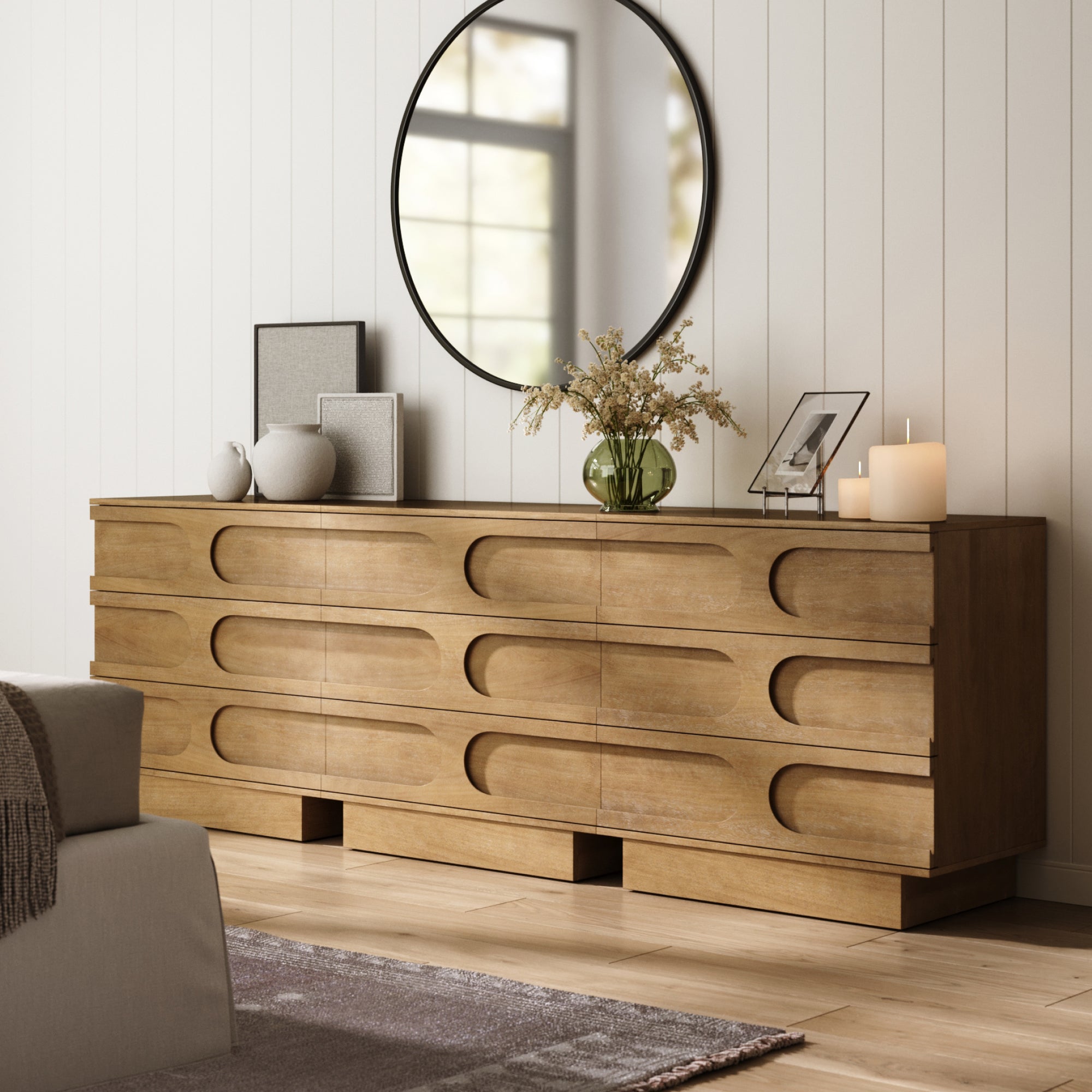 Mid - Century 9 - Drawer Extra Large Dresser Light Brown (Set of 3) - Nathan James