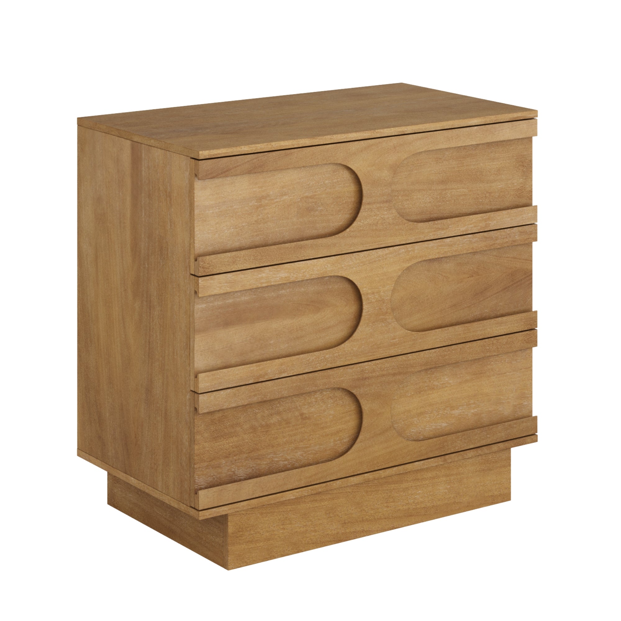 A wooden dresser with three drawers, featuring curved, recessed handles and a rectangular base. The wood has a natural, light brown finish.