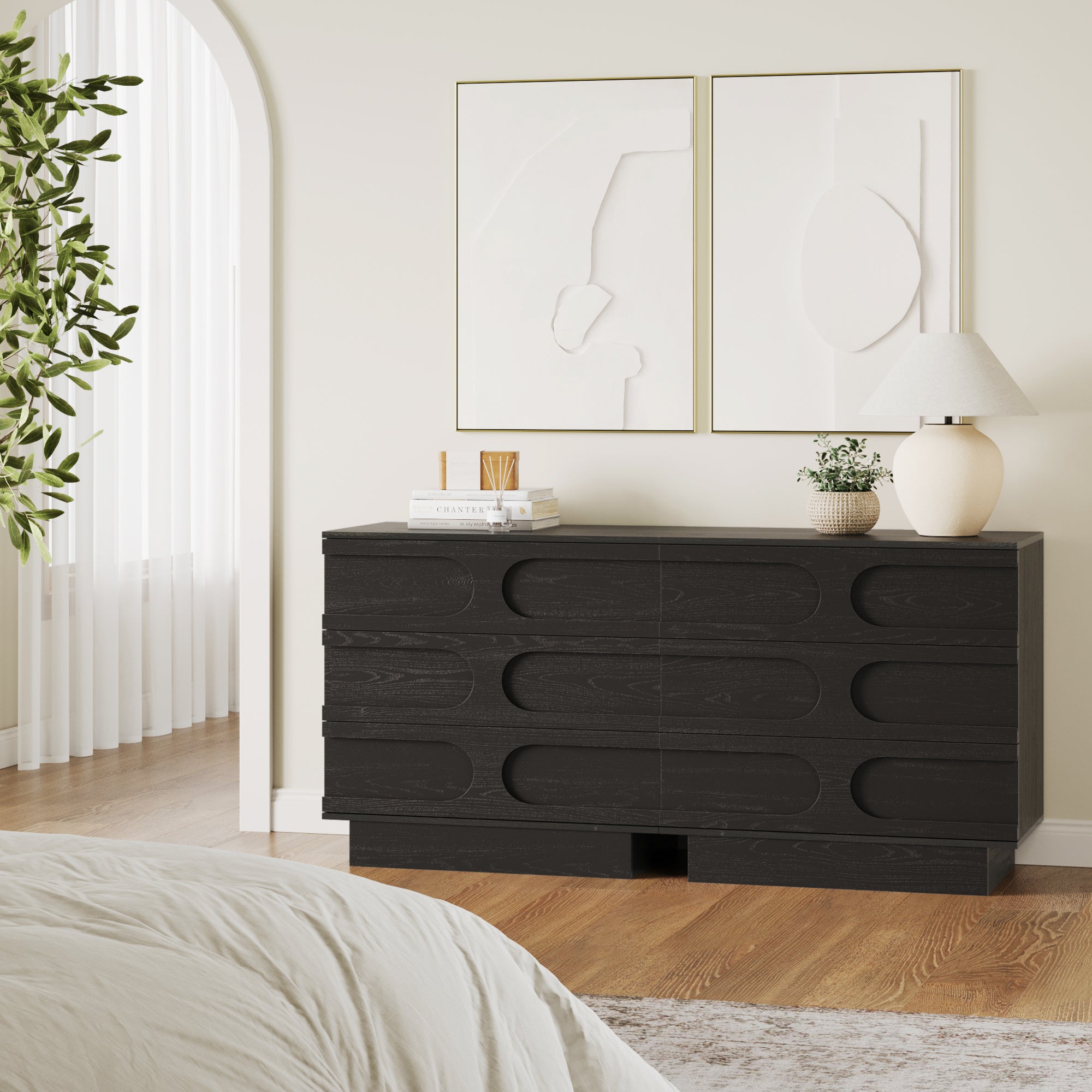 Mid - Century 3 - Drawer Arched Dresser Black Oak (Set of 2) - Nathan James