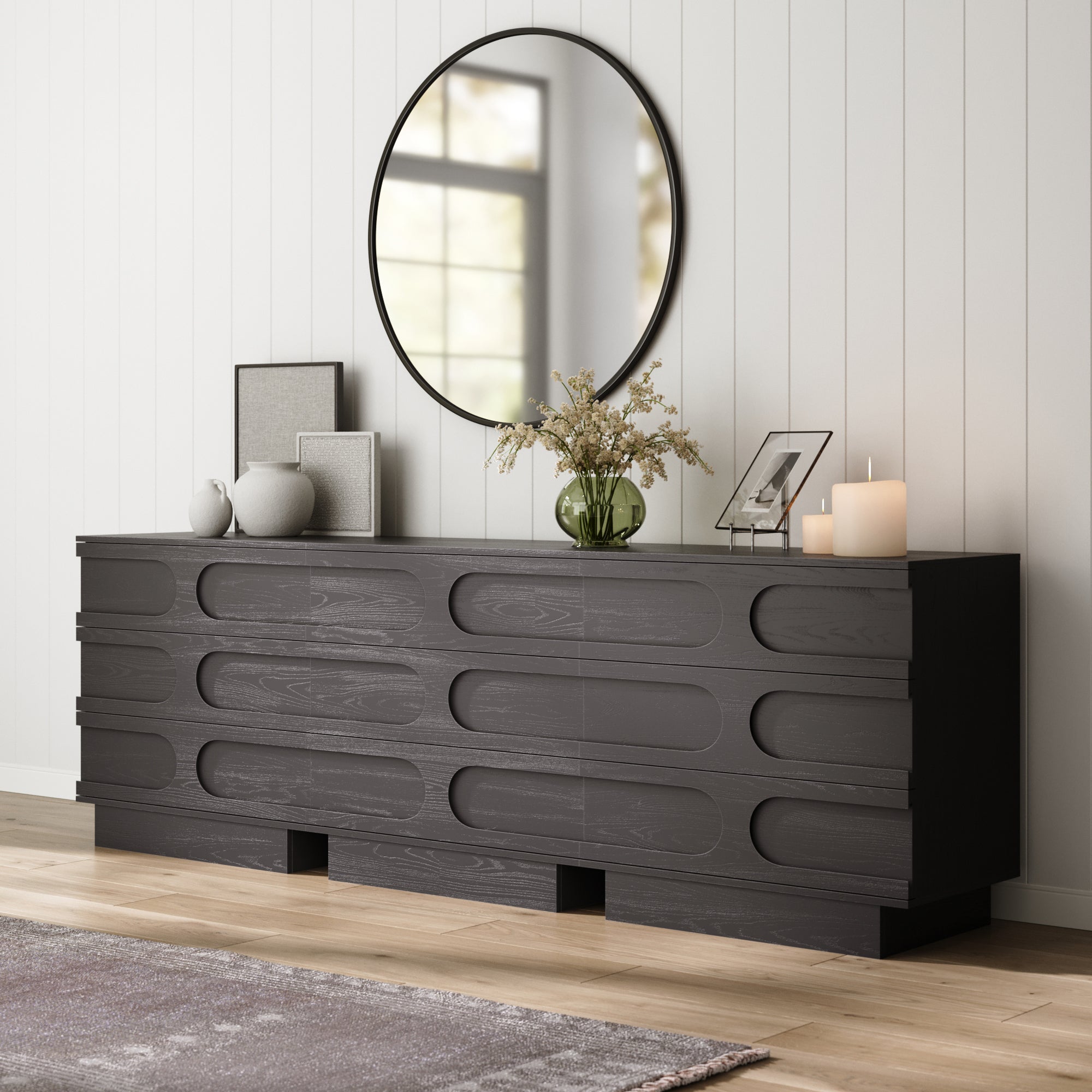 Mid - Century 3 - Drawer Arched Dresser Black Oak (Set of 3) - Nathan James