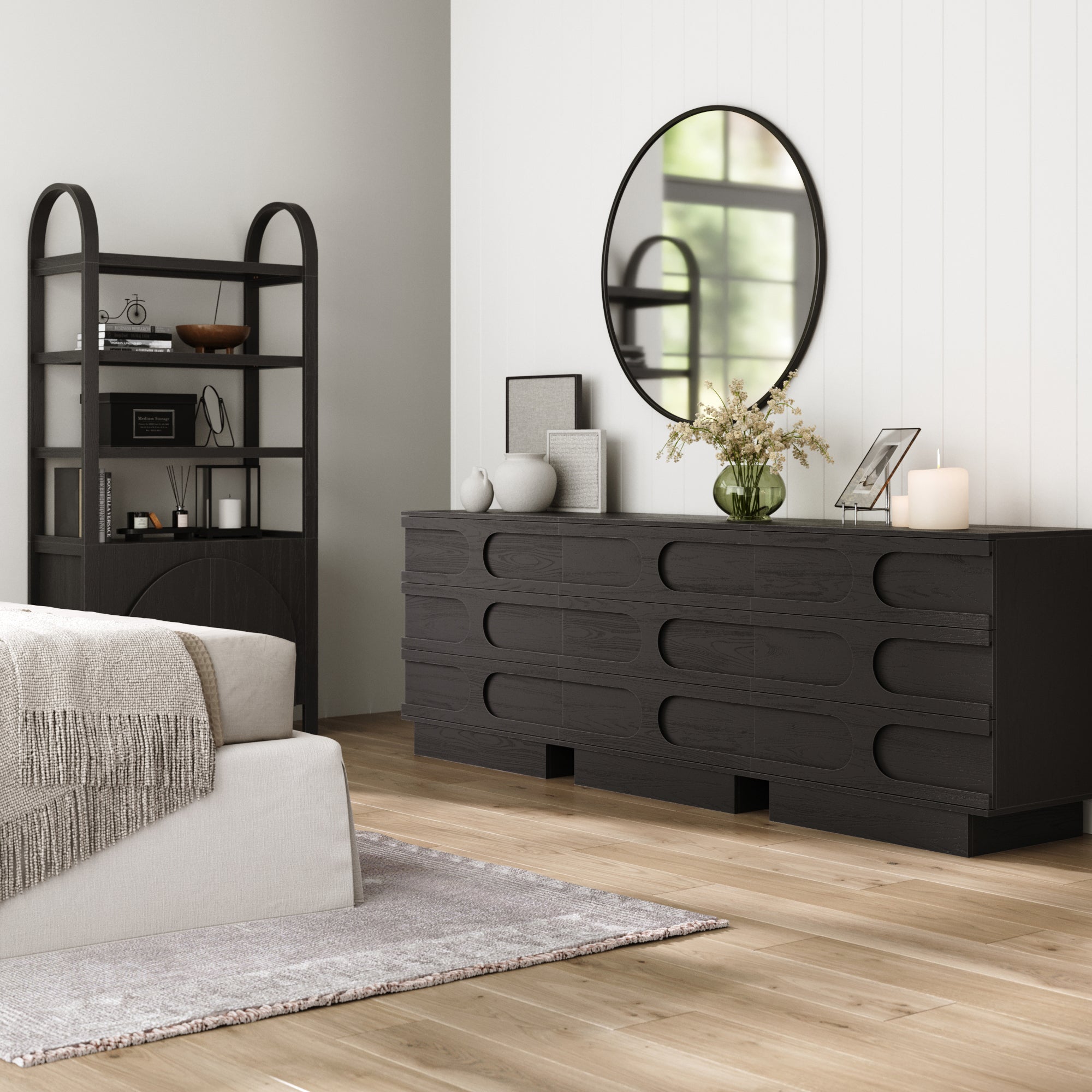 Mid - Century 3 - Drawer Arched Dresser Black Oak (Set of 3) - Nathan James