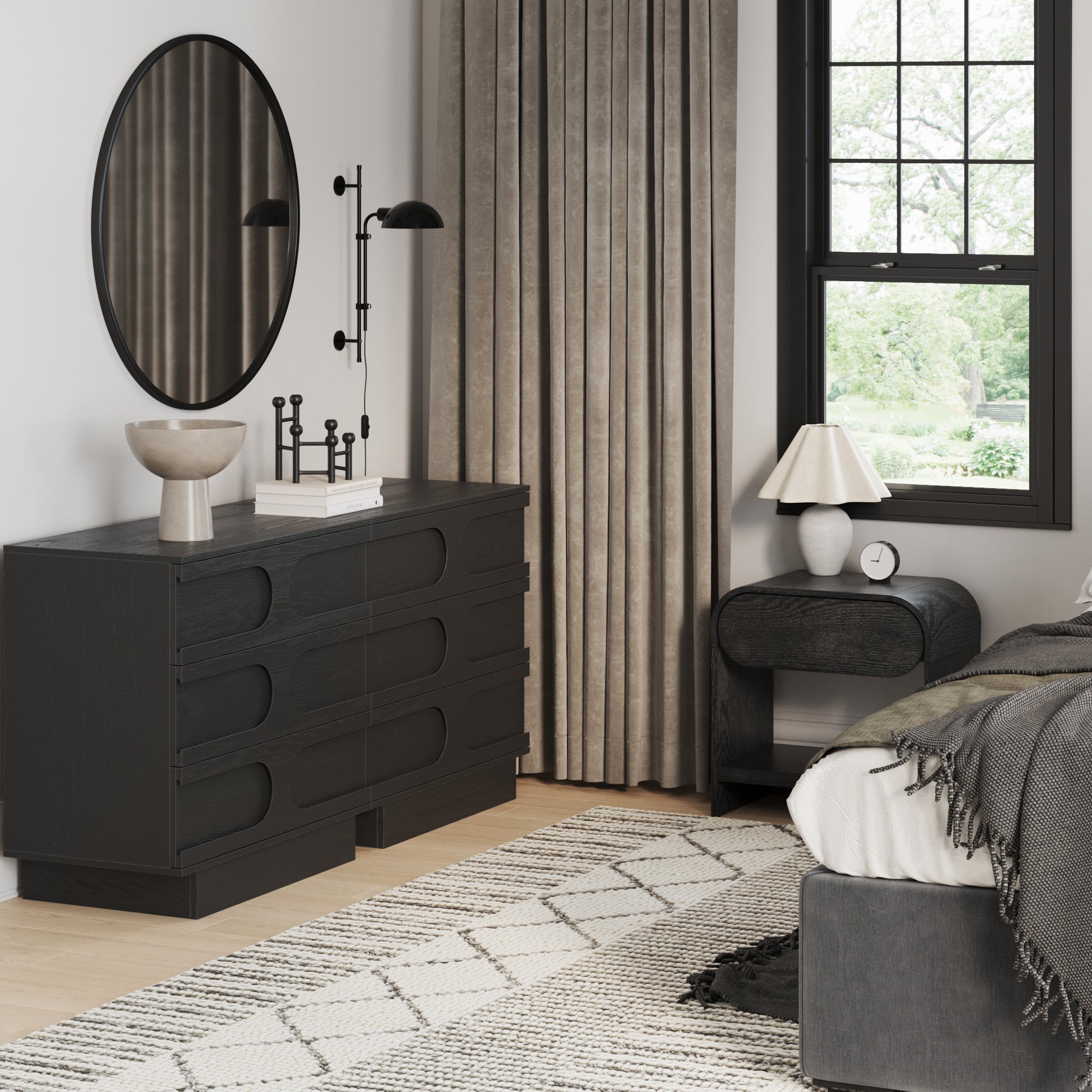 Mid - Century Two Arched Dressers and Nighstands Set Black Oak - Nathan James